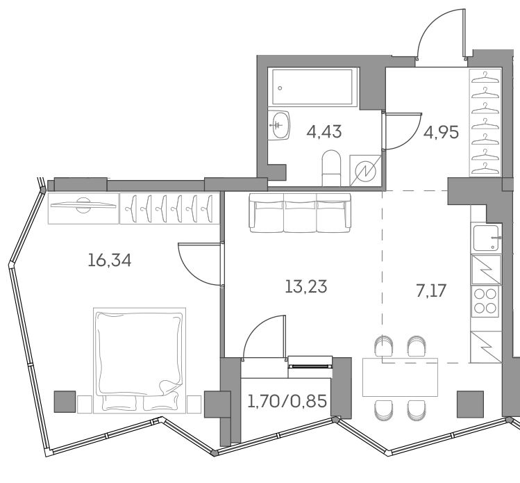 Планировка: 2-комнатная квартира, 47,0 м²