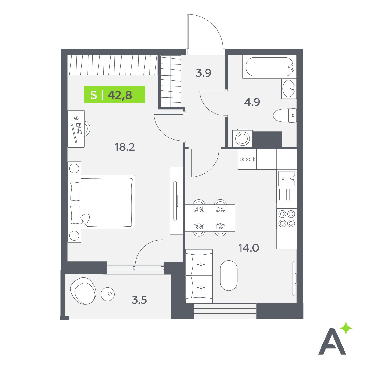 Планировка: 2-комнатная квартира, 42,8 м²