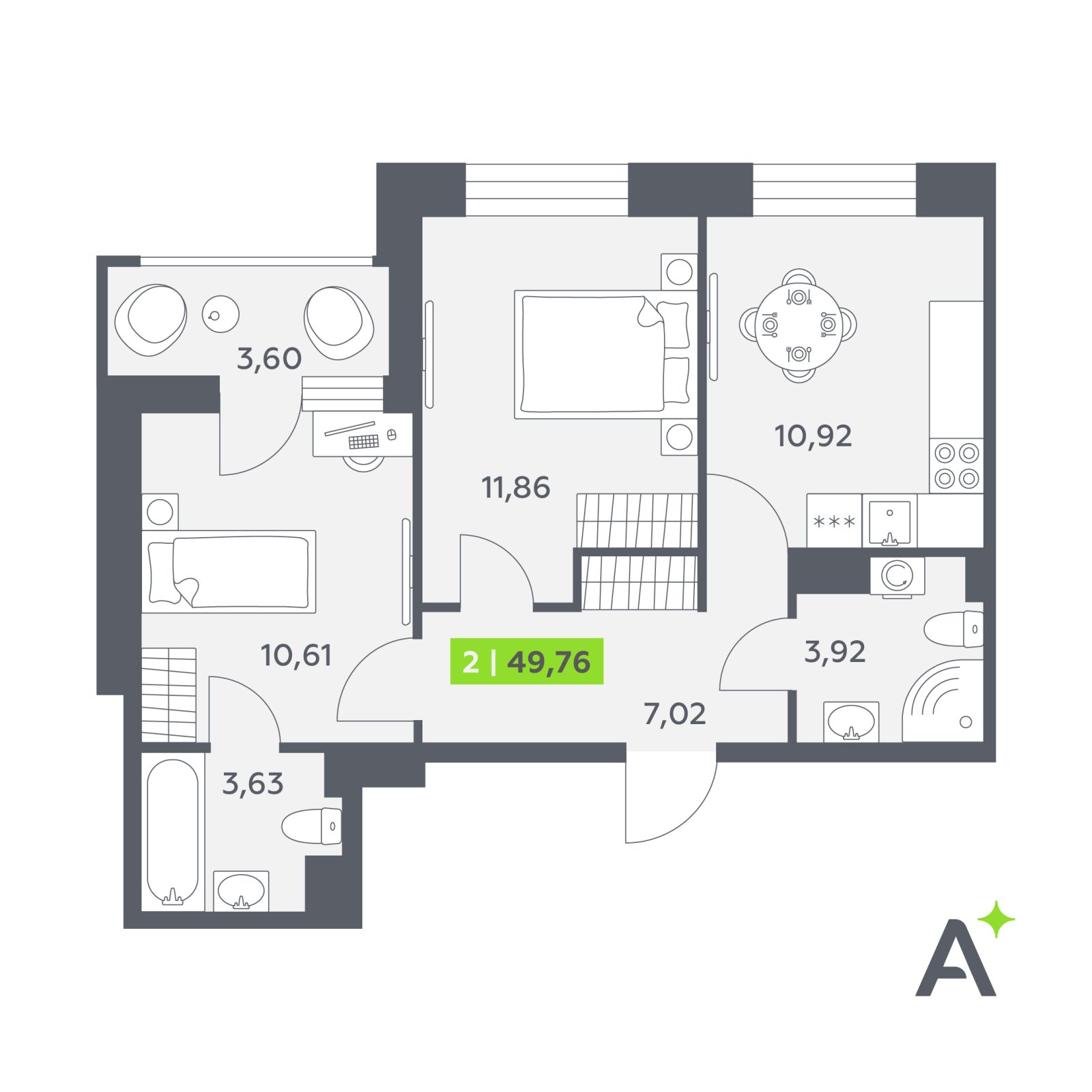 Планировка: 2-комнатная квартира, 49,8 м²