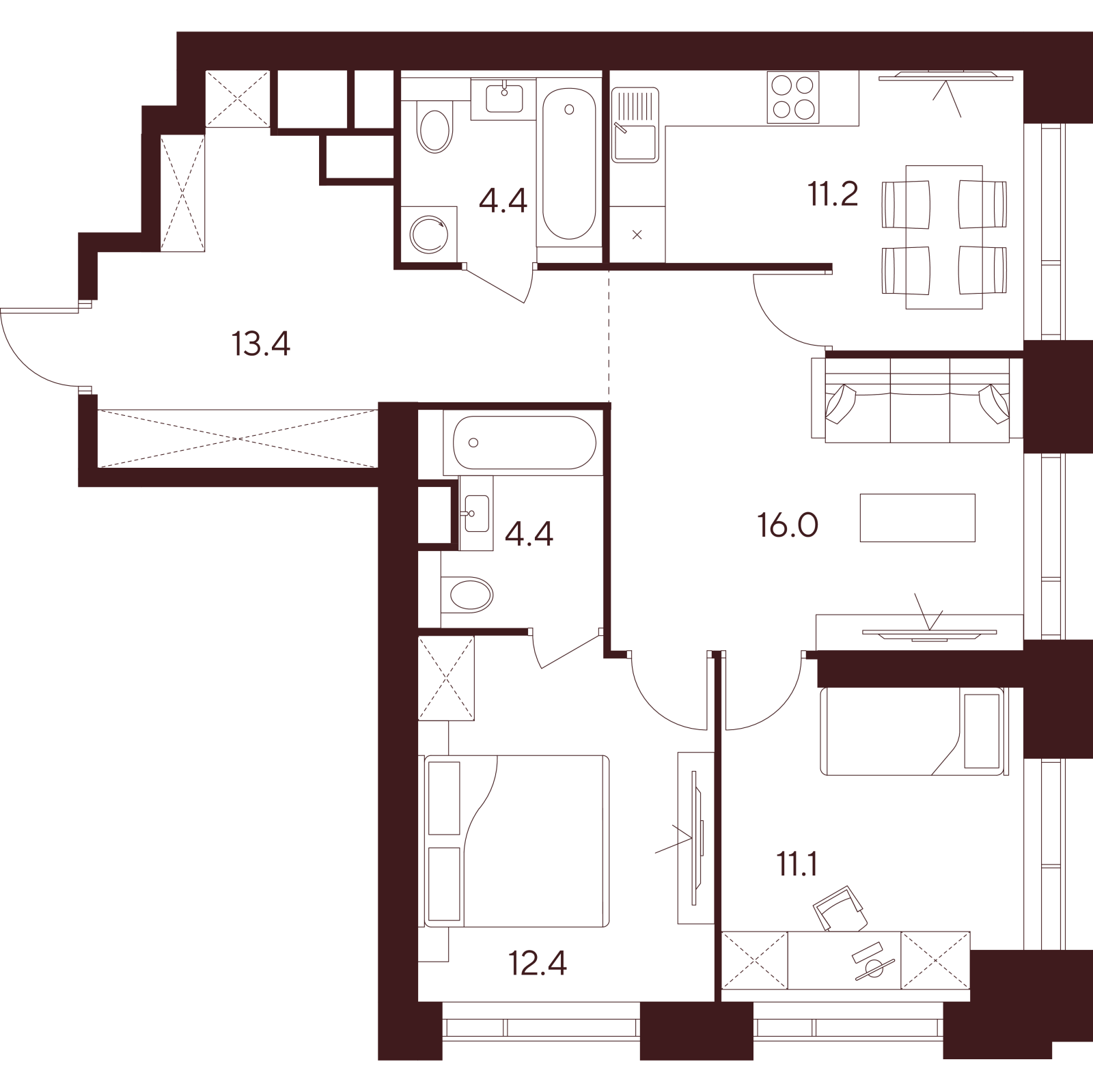Планировка: 3-комнатная квартира, 72,9 м²