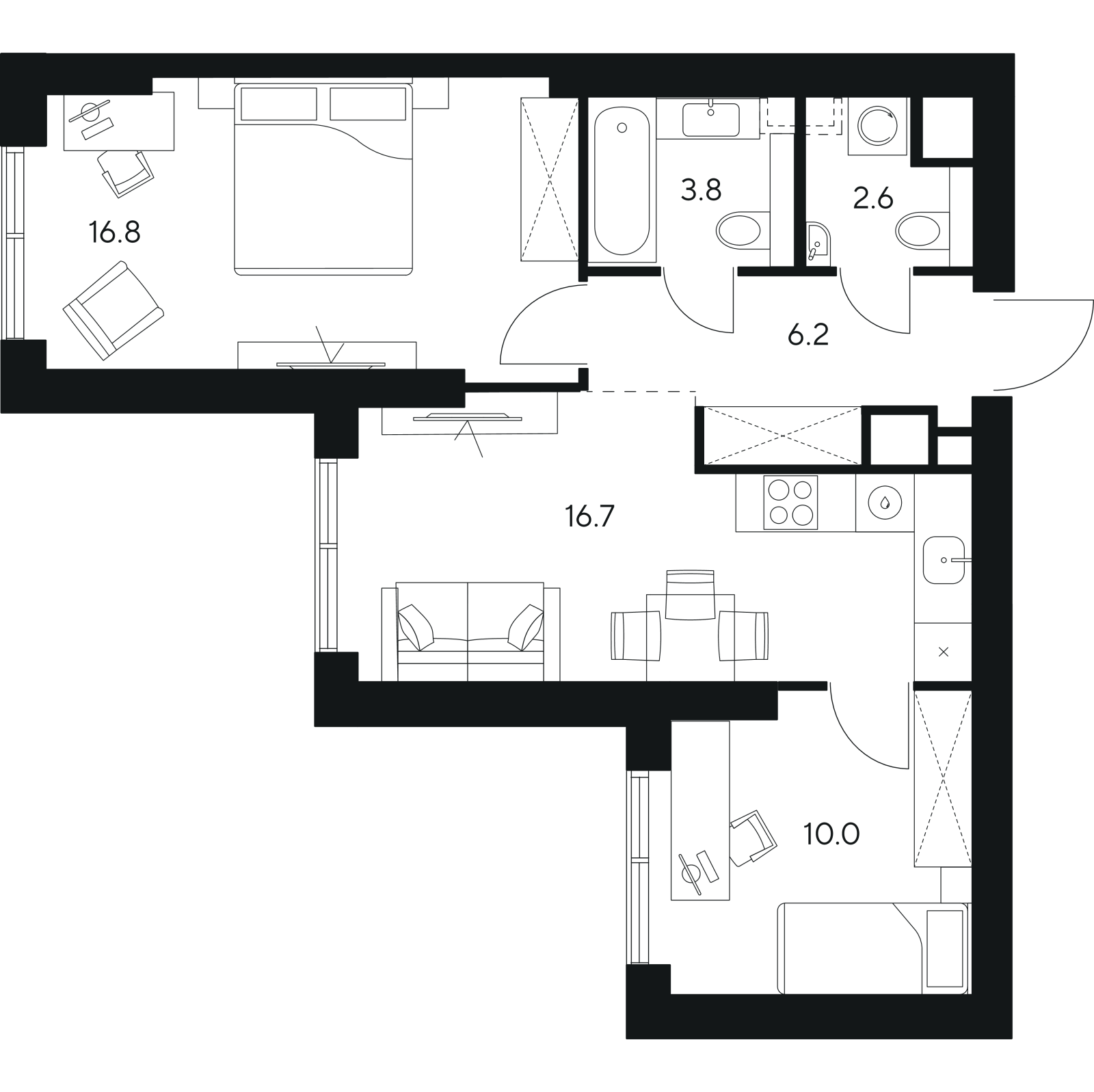 Планировка: 3-комнатная квартира, 56,1 м²