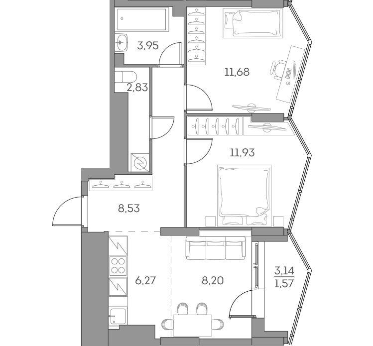 Планировка: 3-комнатная квартира, 55,0 м²