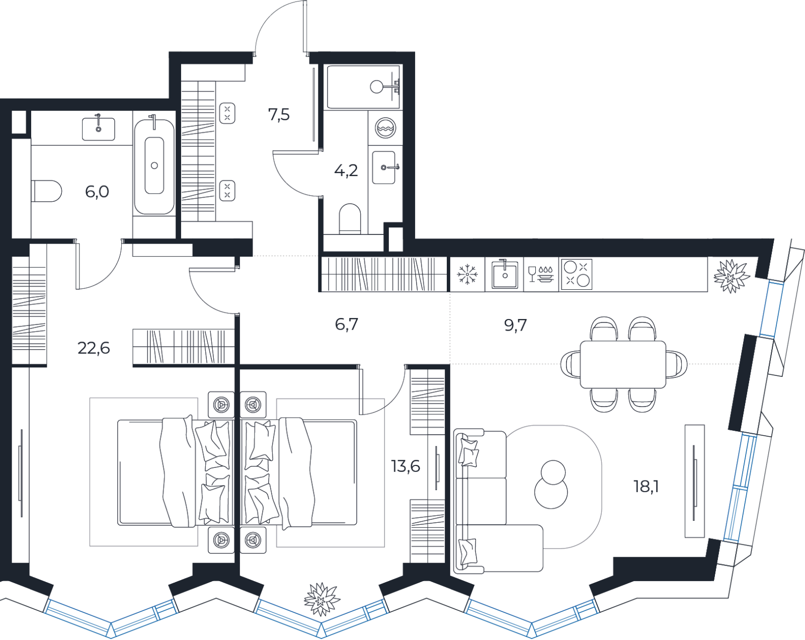 Планировка: 2-комнатная квартира, 88,4 м²