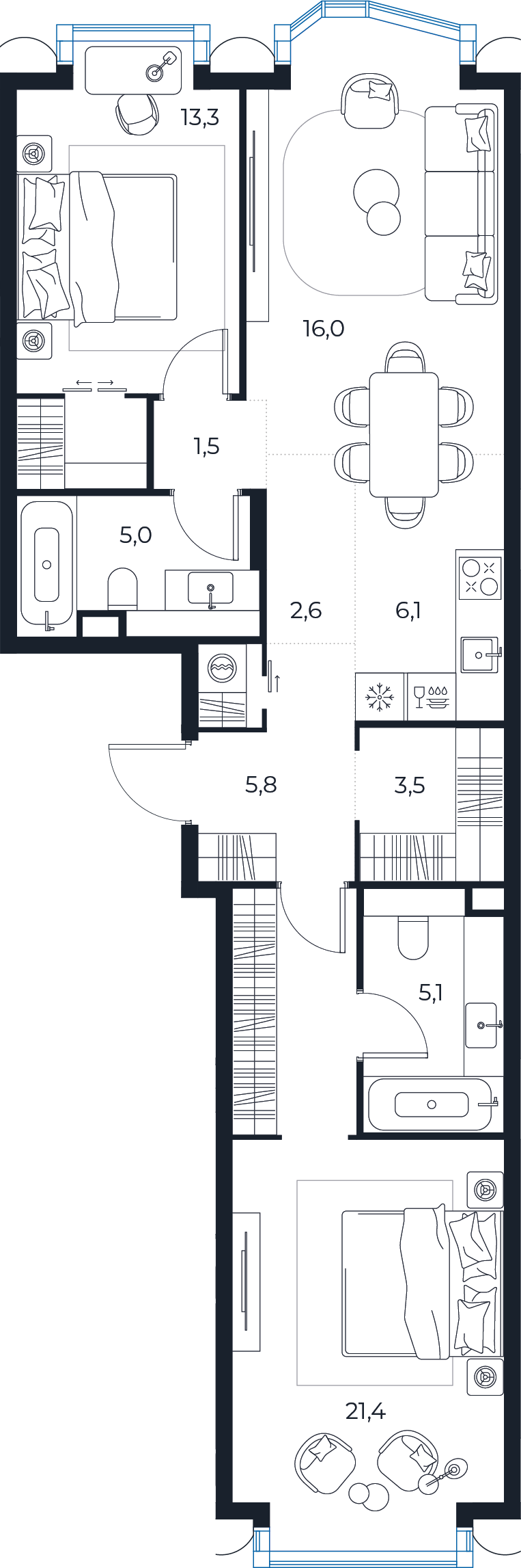 Планировка: 2-комнатная квартира, 80,3 м²