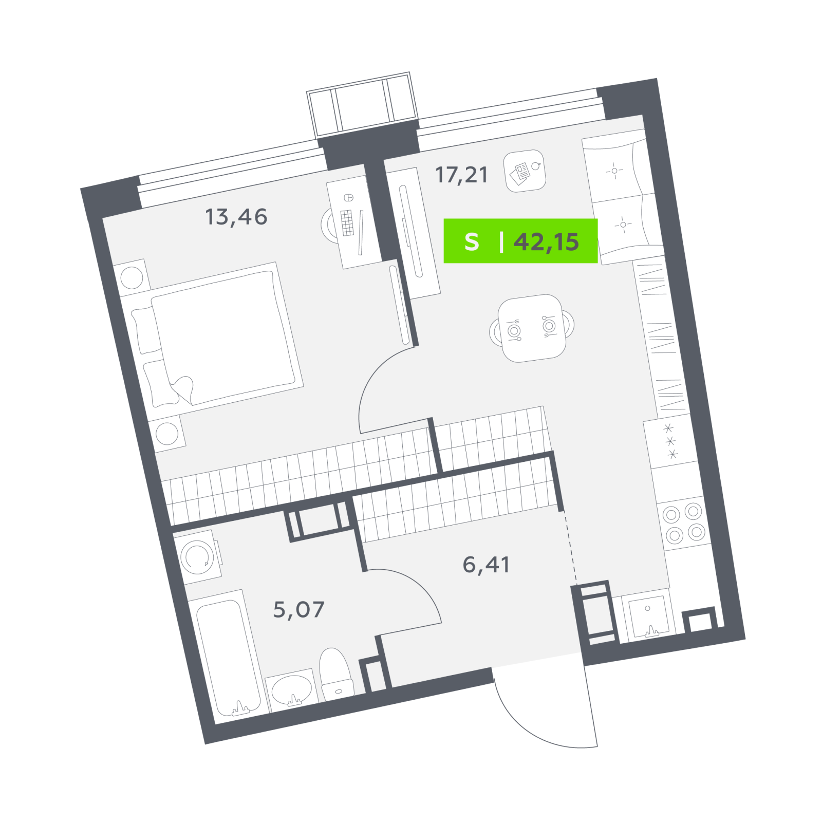 Планировка: 2-комнатная квартира, 42,2 м²