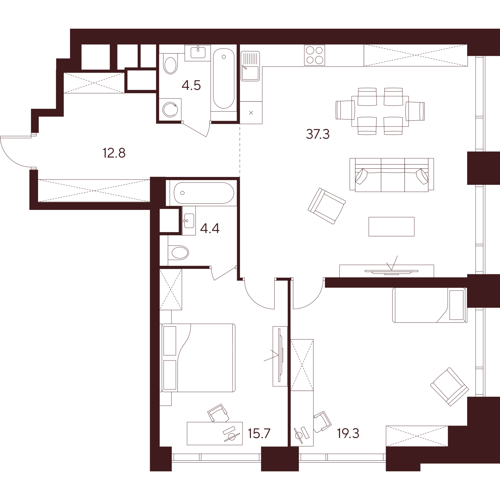 Планировка: 3-комнатная квартира, 94,0 м²