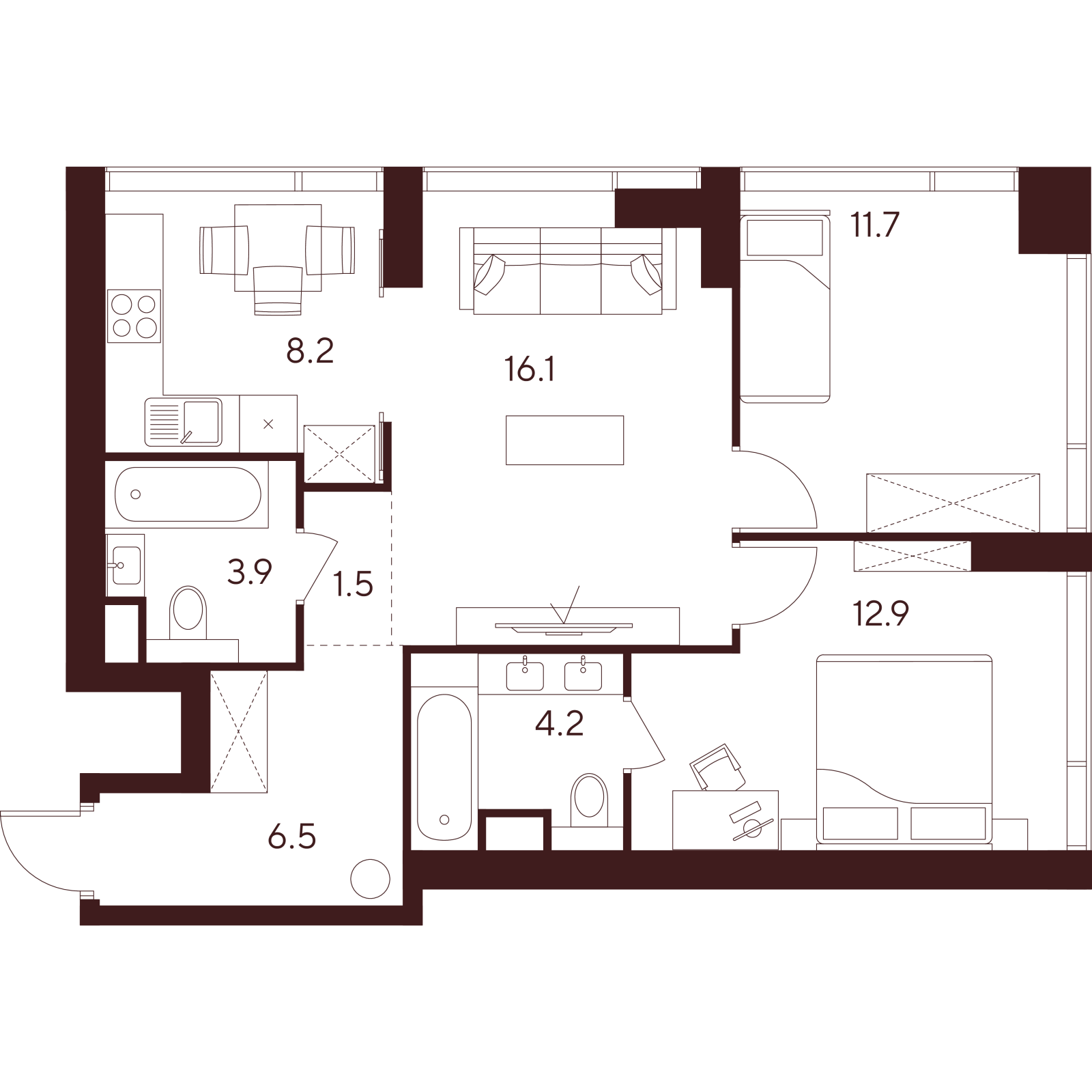 Планировка: 3-комнатная квартира, 65,0 м²