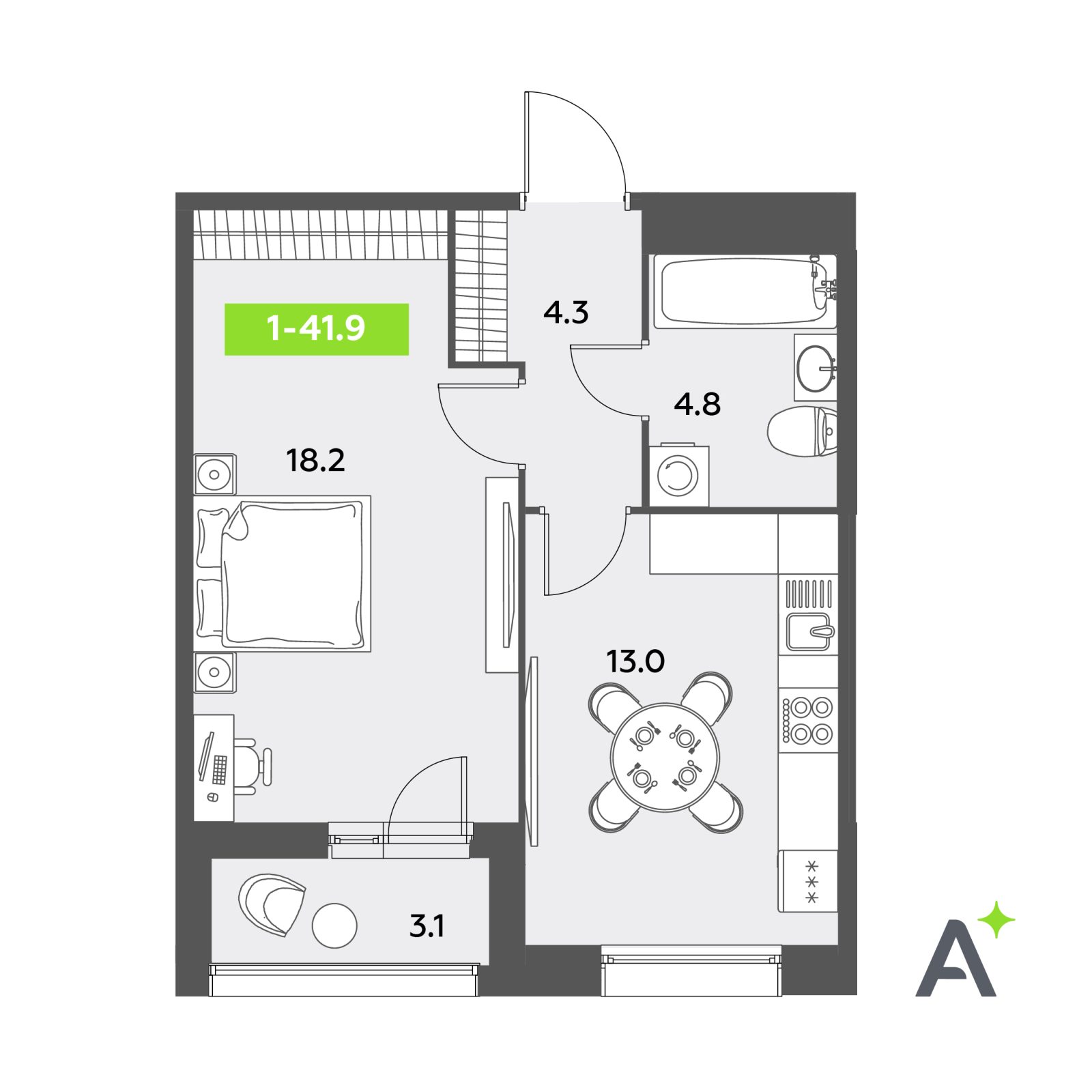 Планировка: 1-комнатная квартира, 41,9 м²