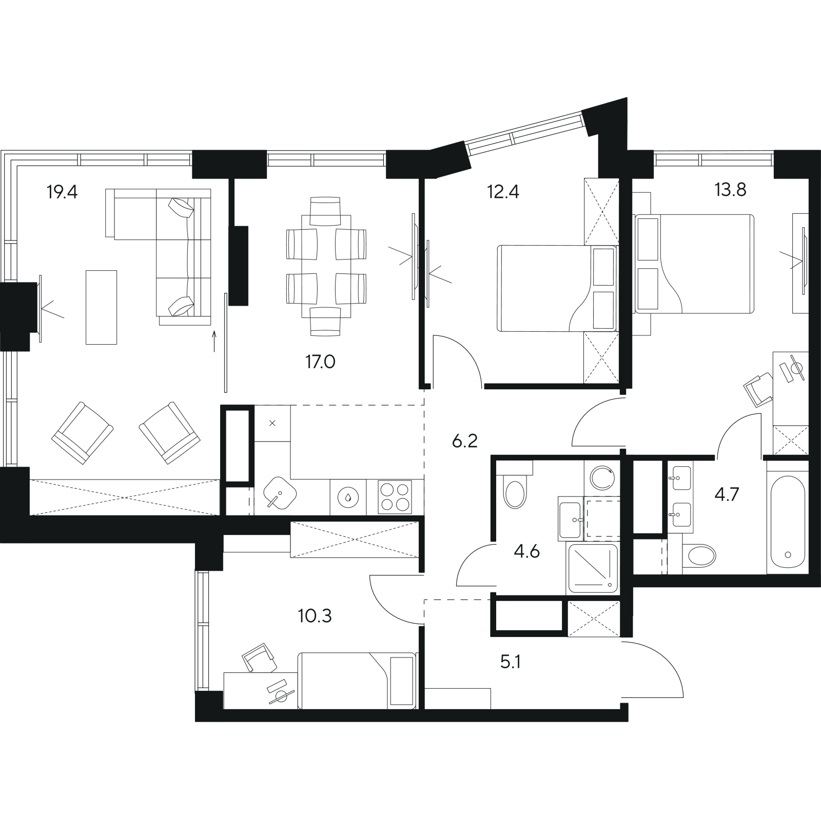 Планировка: 5-комнатная квартира, 93,5 м²