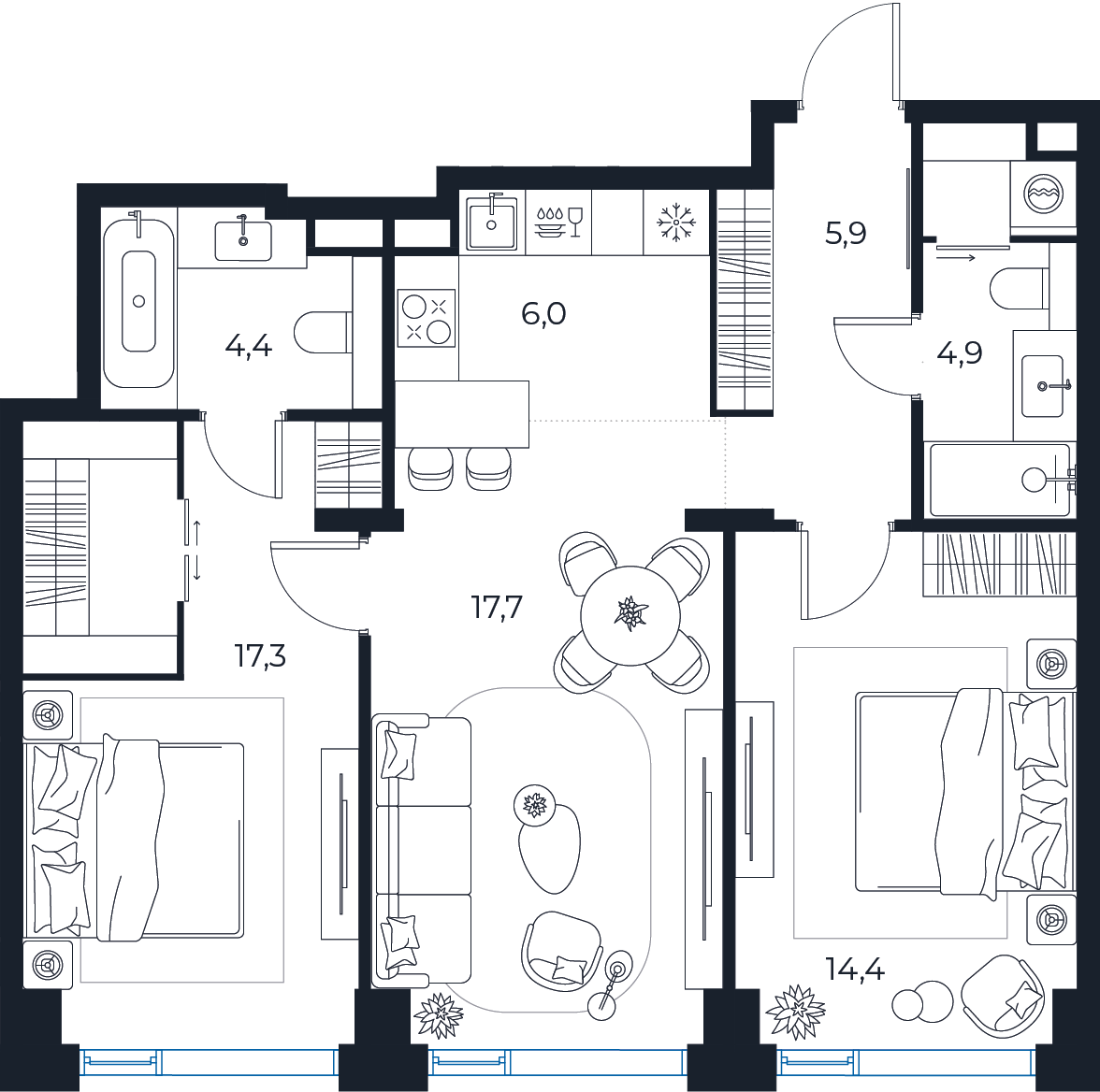 Планировка: 2-комнатная квартира, 70,6 м²