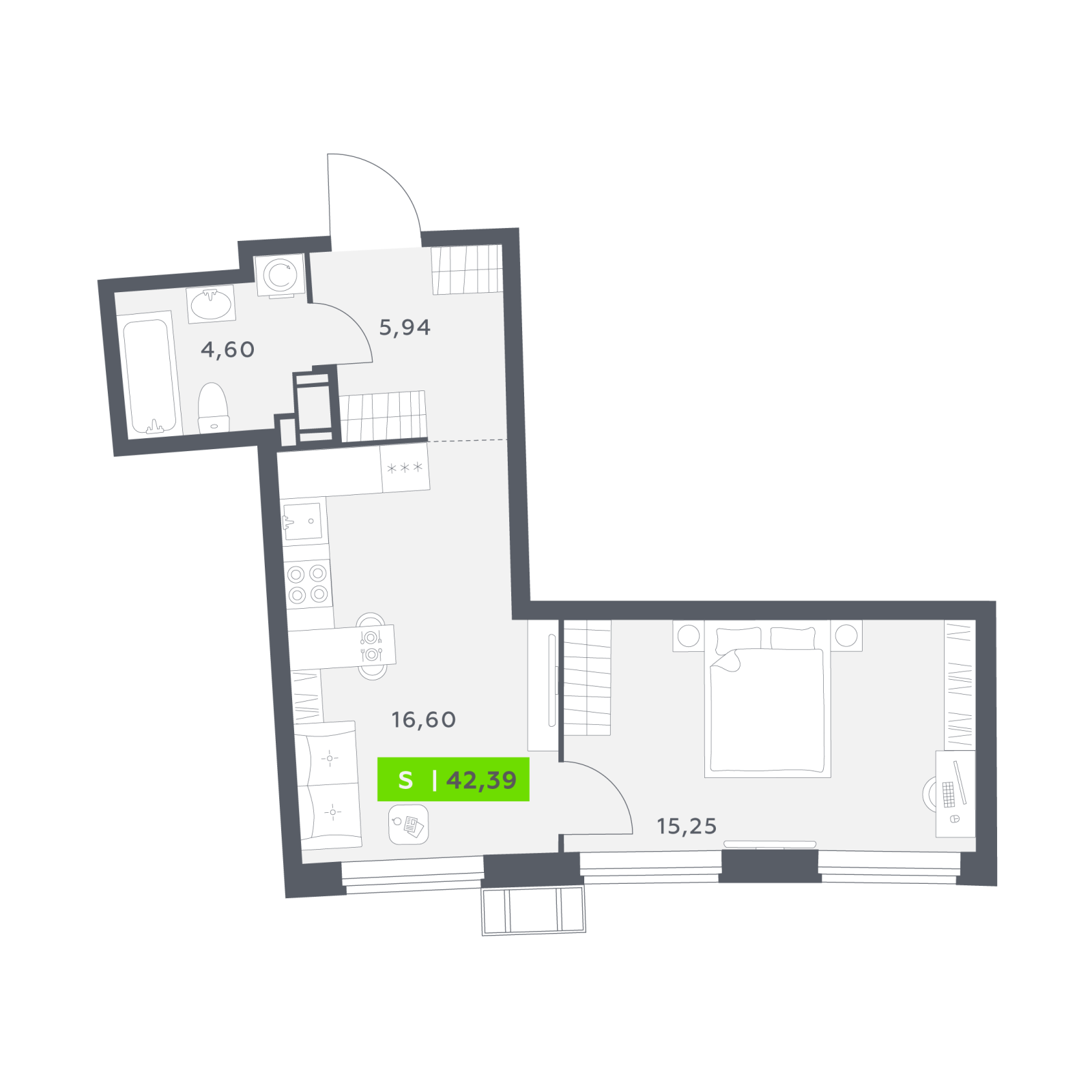 Планировка: 2-комнатная квартира, 42,4 м²