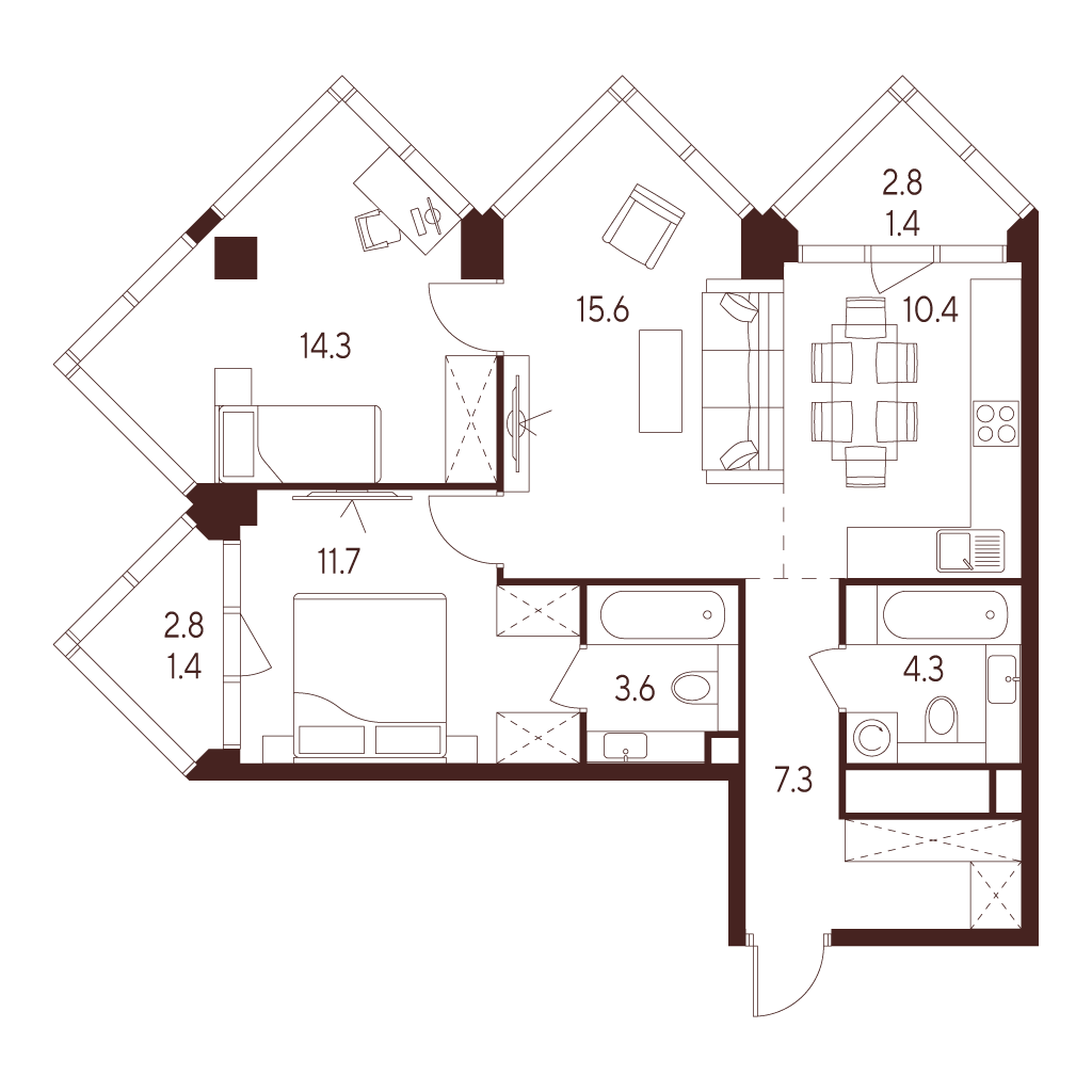 Планировка: 3-комнатная квартира, 70,0 м²