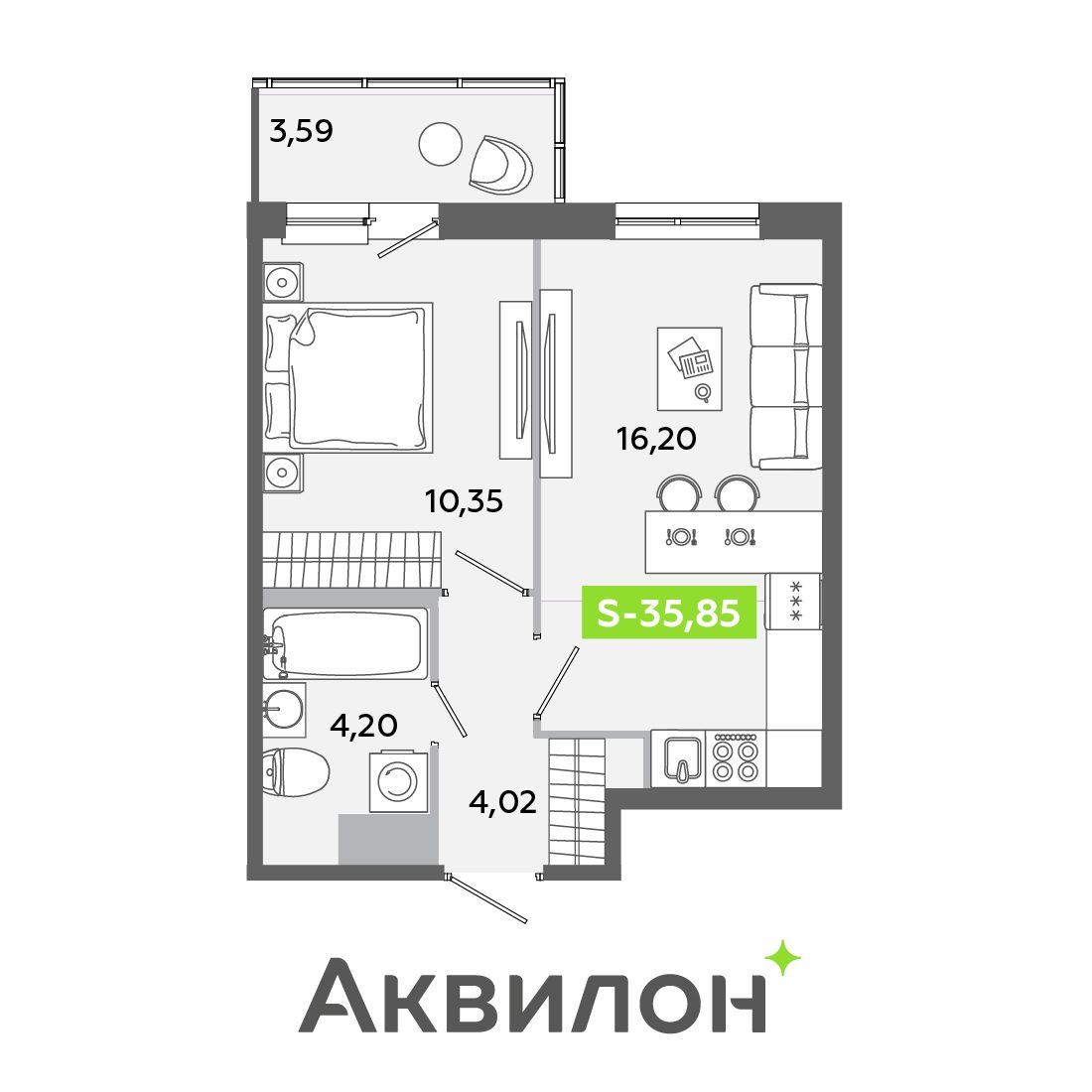 Планировка: 2-комнатная квартира, 35,9 м²