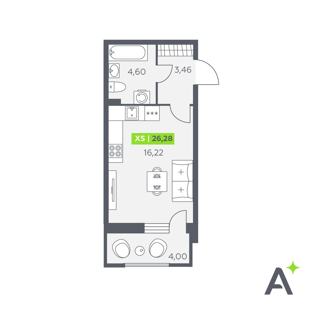 Планировка: студия, 26,3 м²