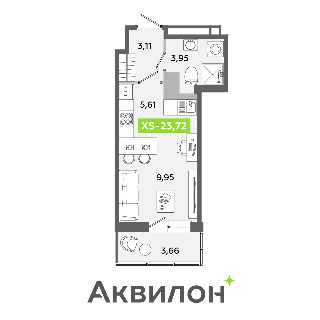 Планировка: студия, 23,7 м²
