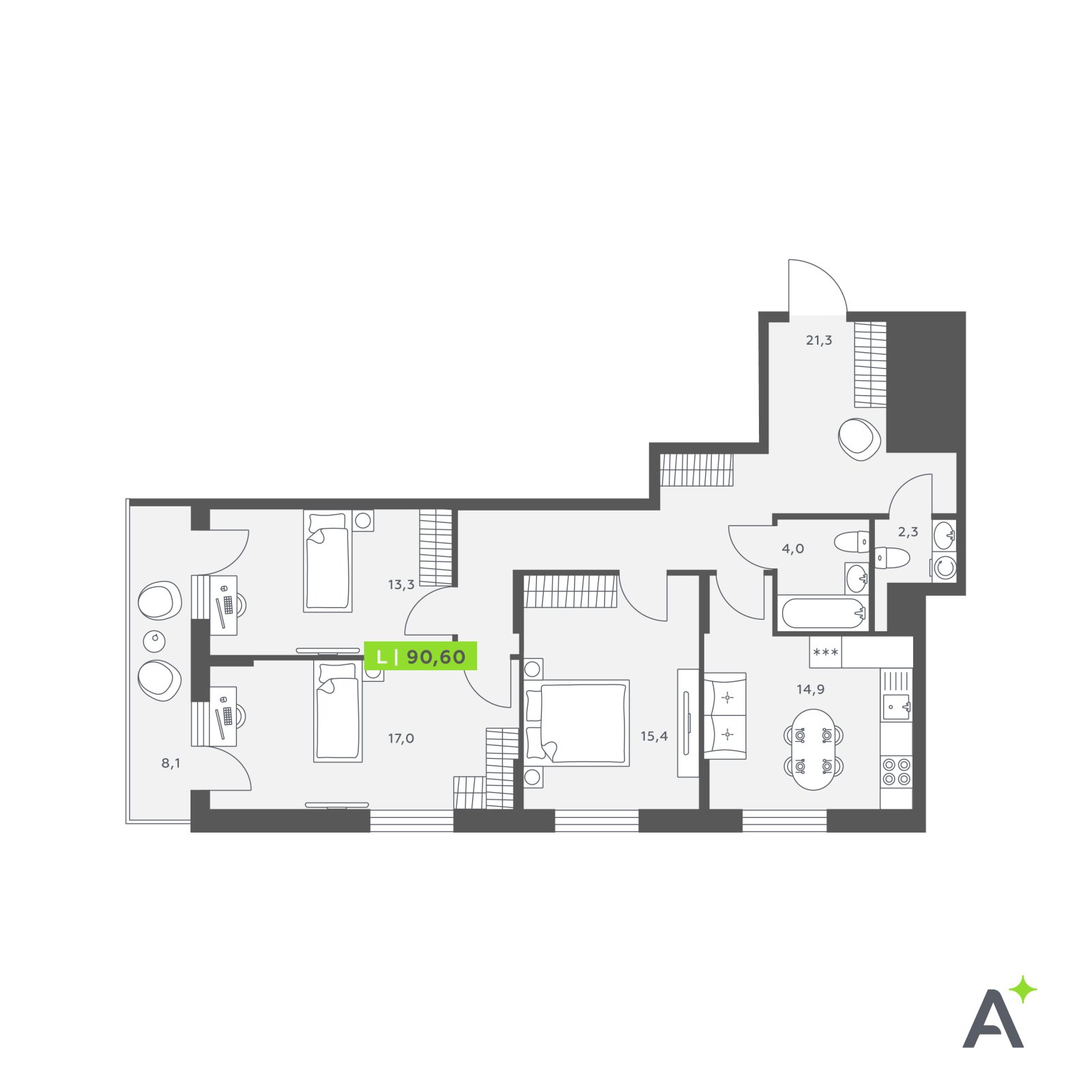 Планировка: 4-комнатная квартира, 90,6 м²