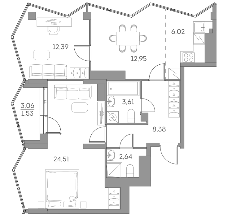 Планировка: 3-комнатная квартира, 72,0 м²