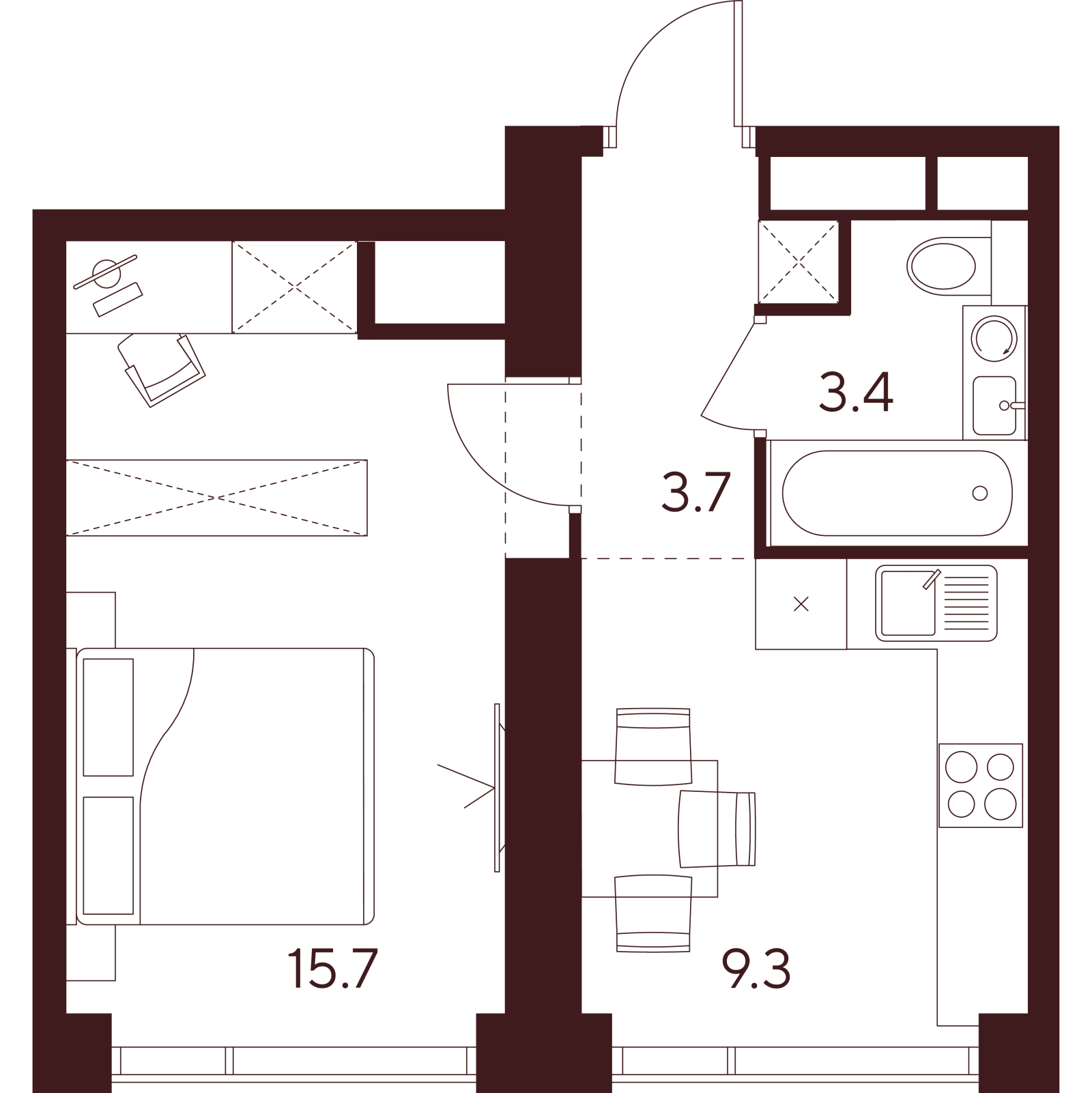 Планировка: 1-комнатная квартира, 32,1 м²