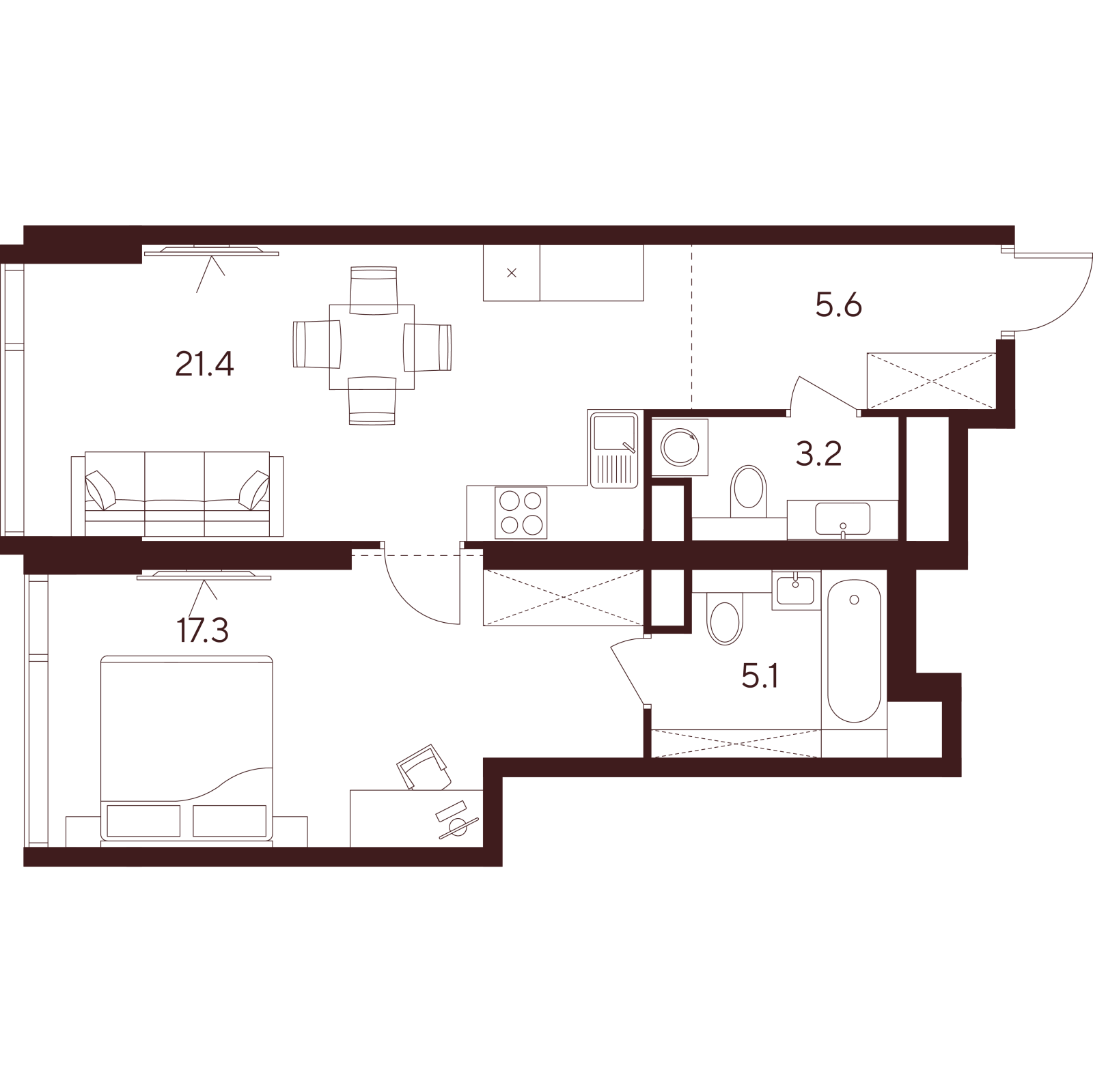 Планировка: 2-комнатная квартира, 52,6 м²
