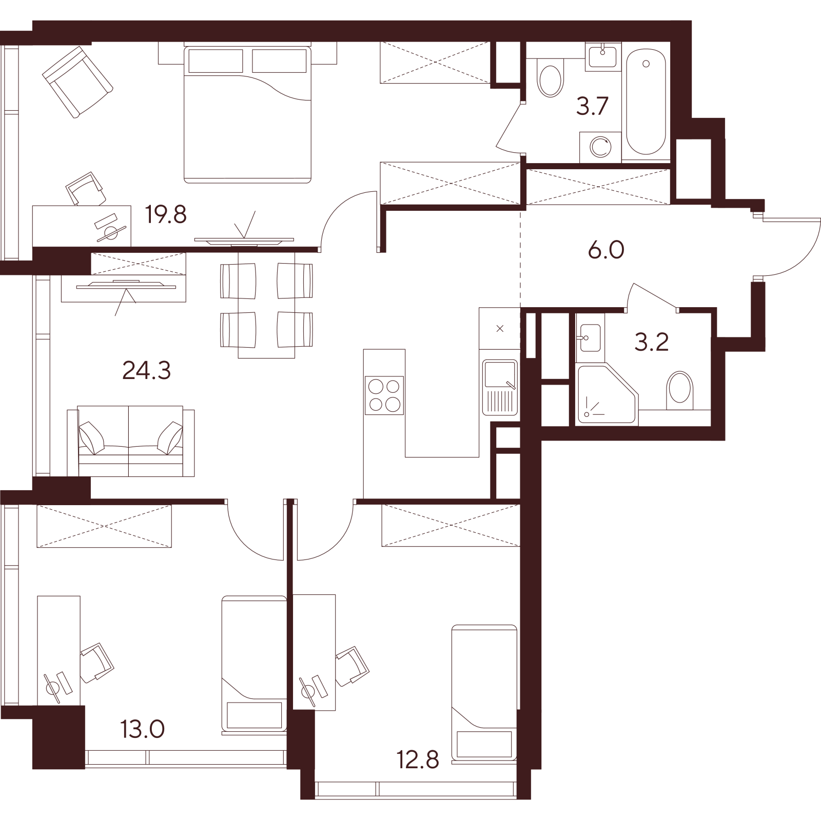 Планировка: 4-комнатная квартира, 82,8 м²