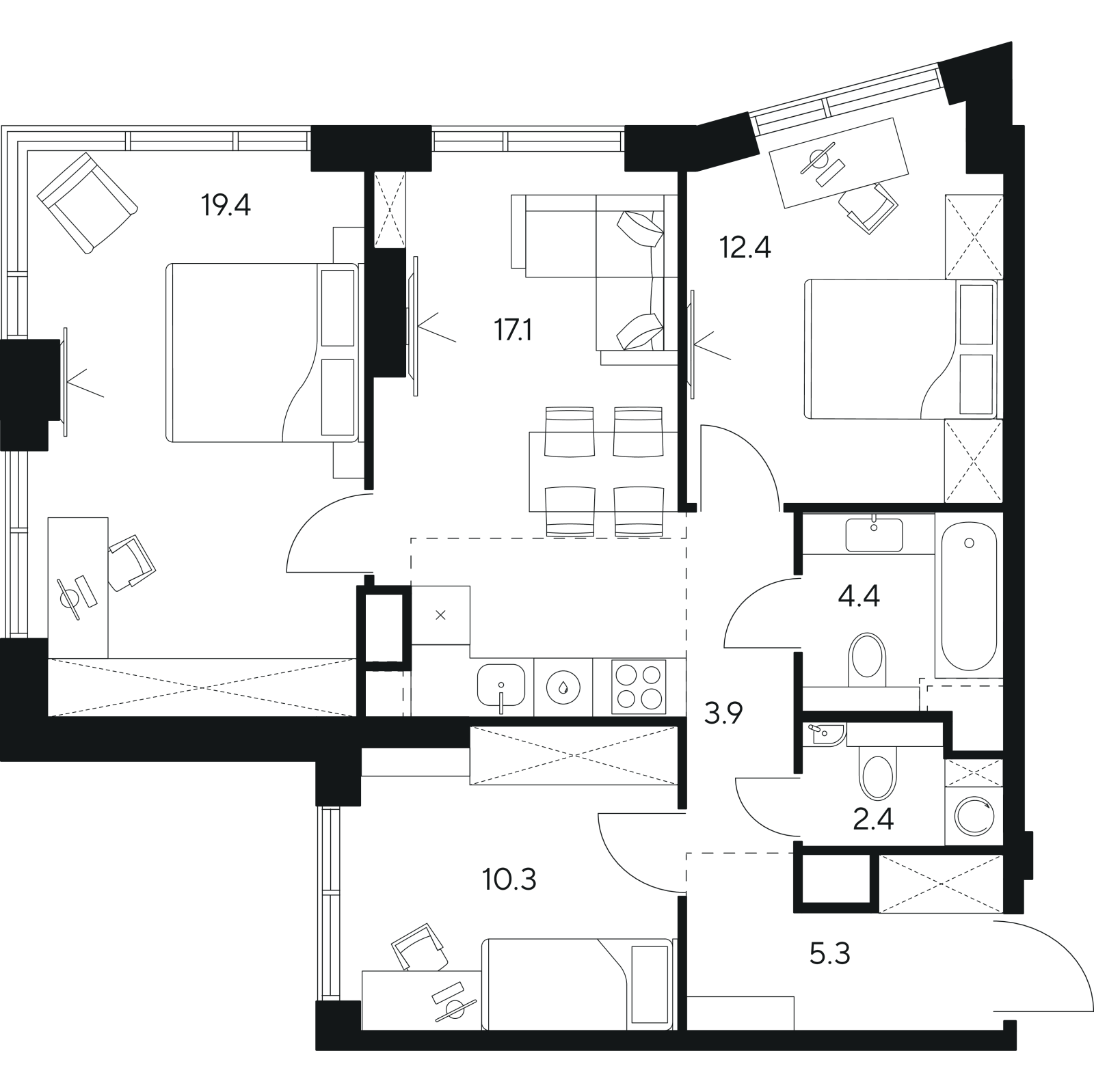 Планировка: 4-комнатная квартира, 75,2 м²