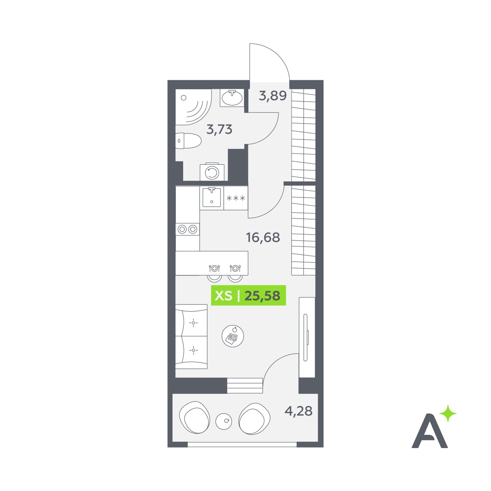 Планировка: студия, 25,6 м²