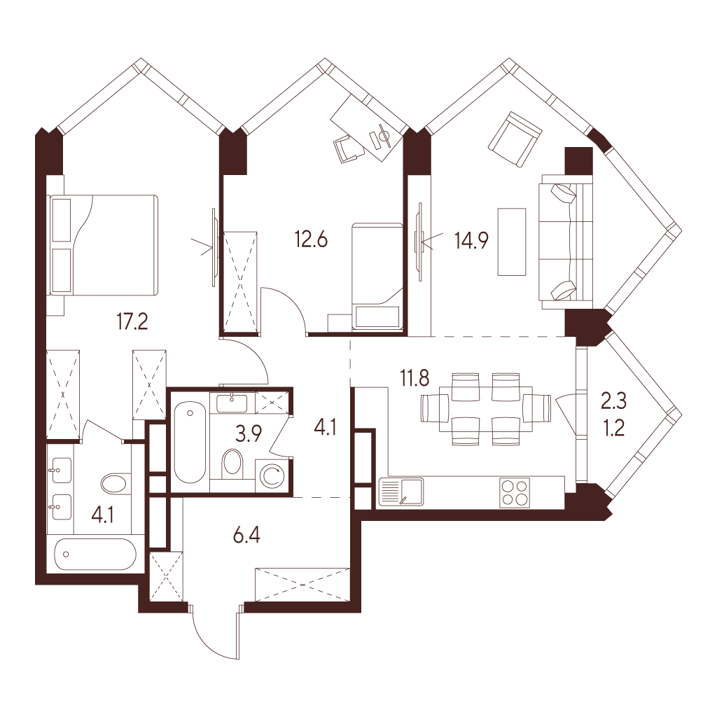 Планировка: 3-комнатная квартира, 76,2 м²