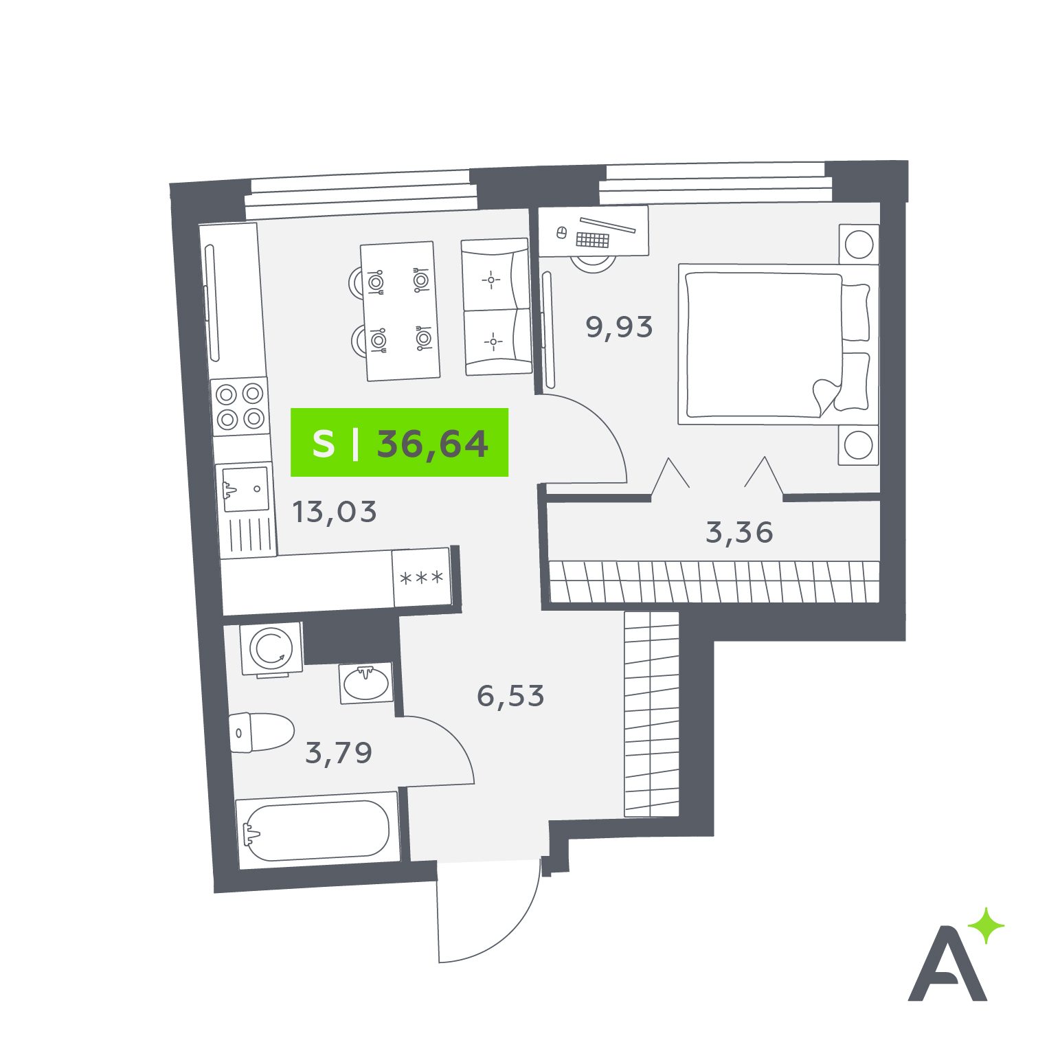 Планировка: 2-комнатная квартира, 36,7 м²