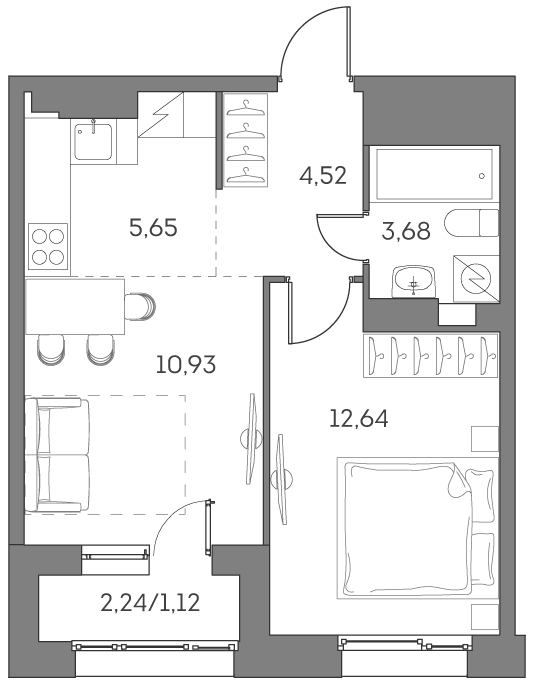 Планировка: 2-комнатная квартира, 38,5 м²