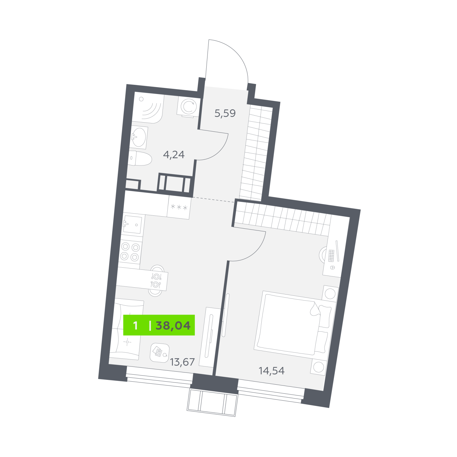 Планировка: 1-комнатная квартира, 38,0 м²