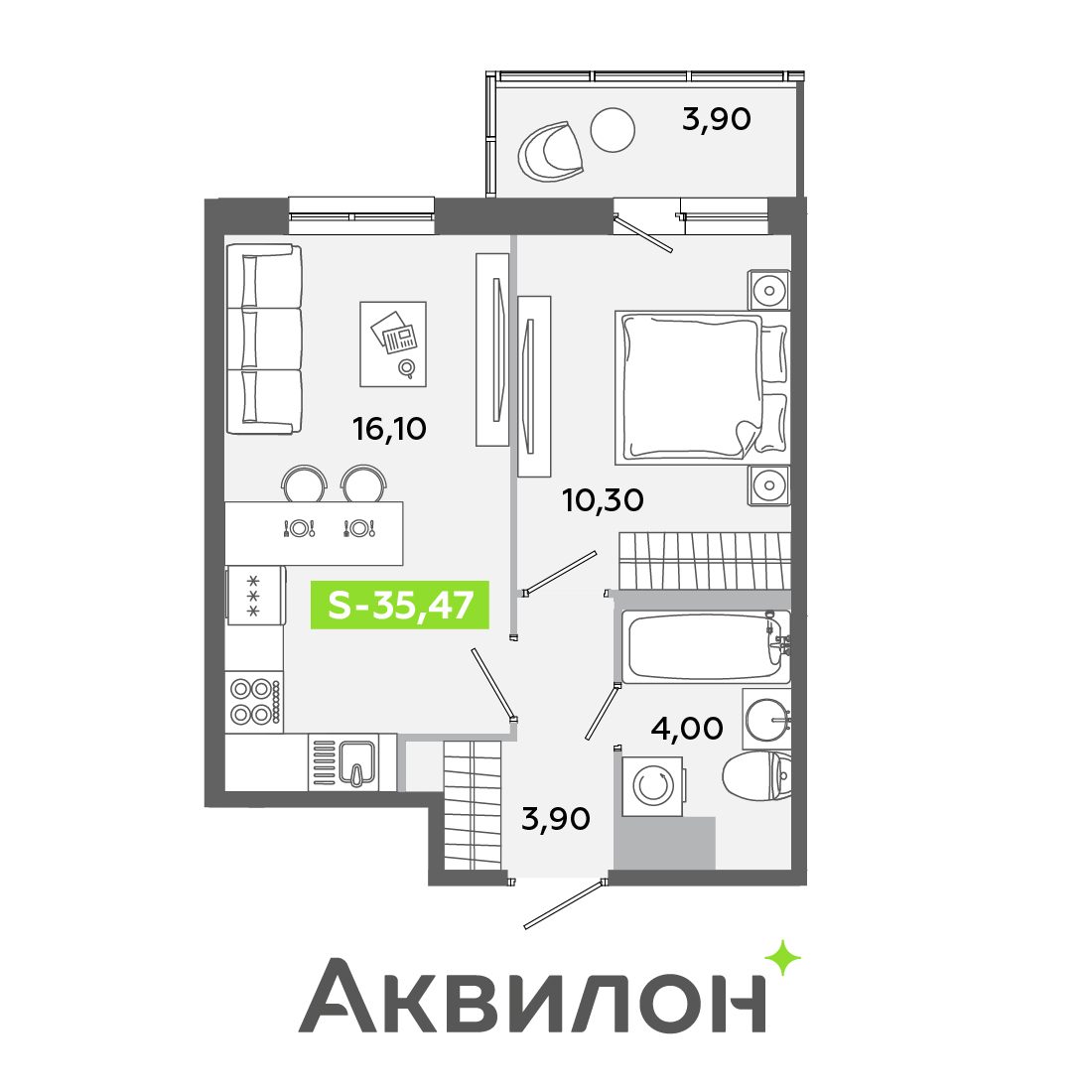 Планировка: 2-комнатная квартира, 35,5 м²