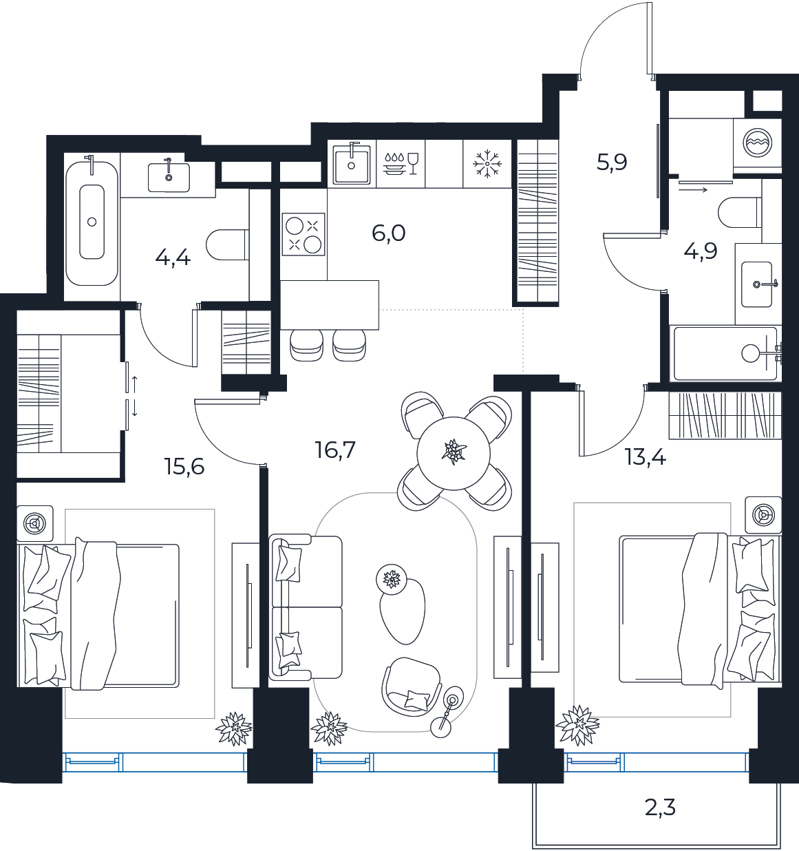 Планировка: 2-комнатная квартира, 67,6 м²