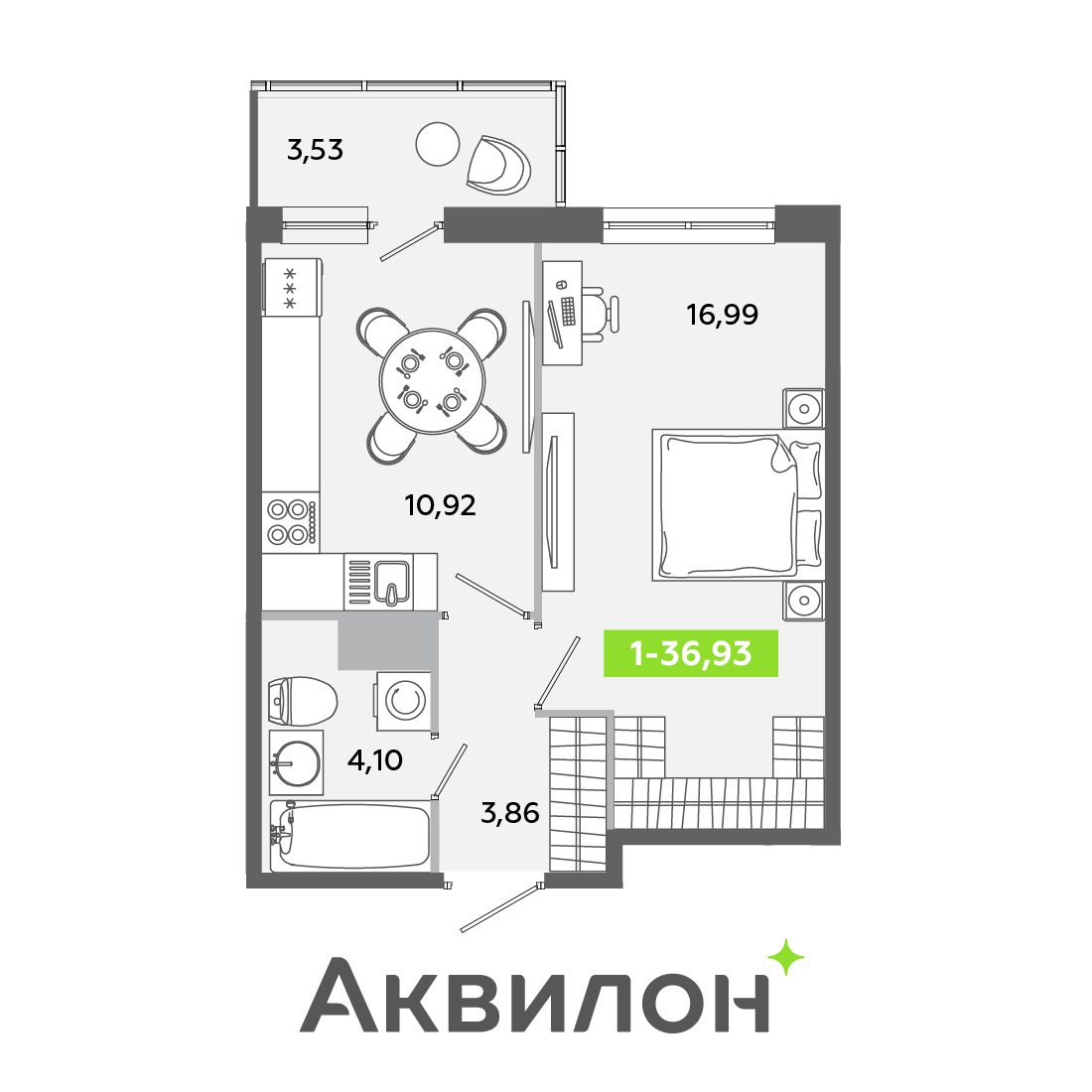 Планировка: 1-комнатная квартира, 36,9 м²