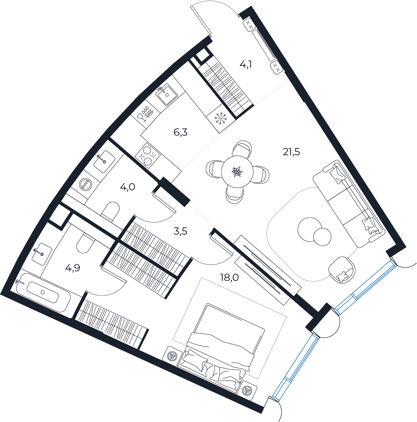 Планировка: 1-комнатная квартира, 62,3 м²