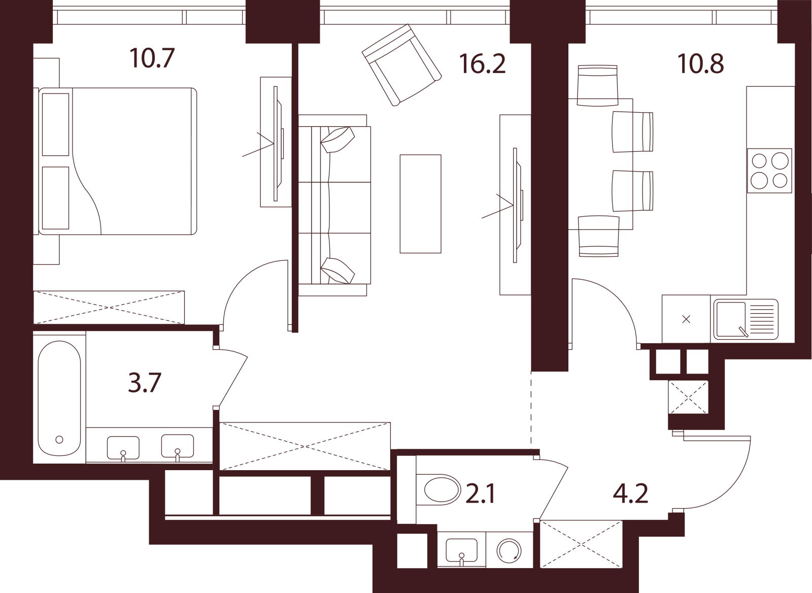 Планировка: 2-комнатная квартира, 47,7 м²