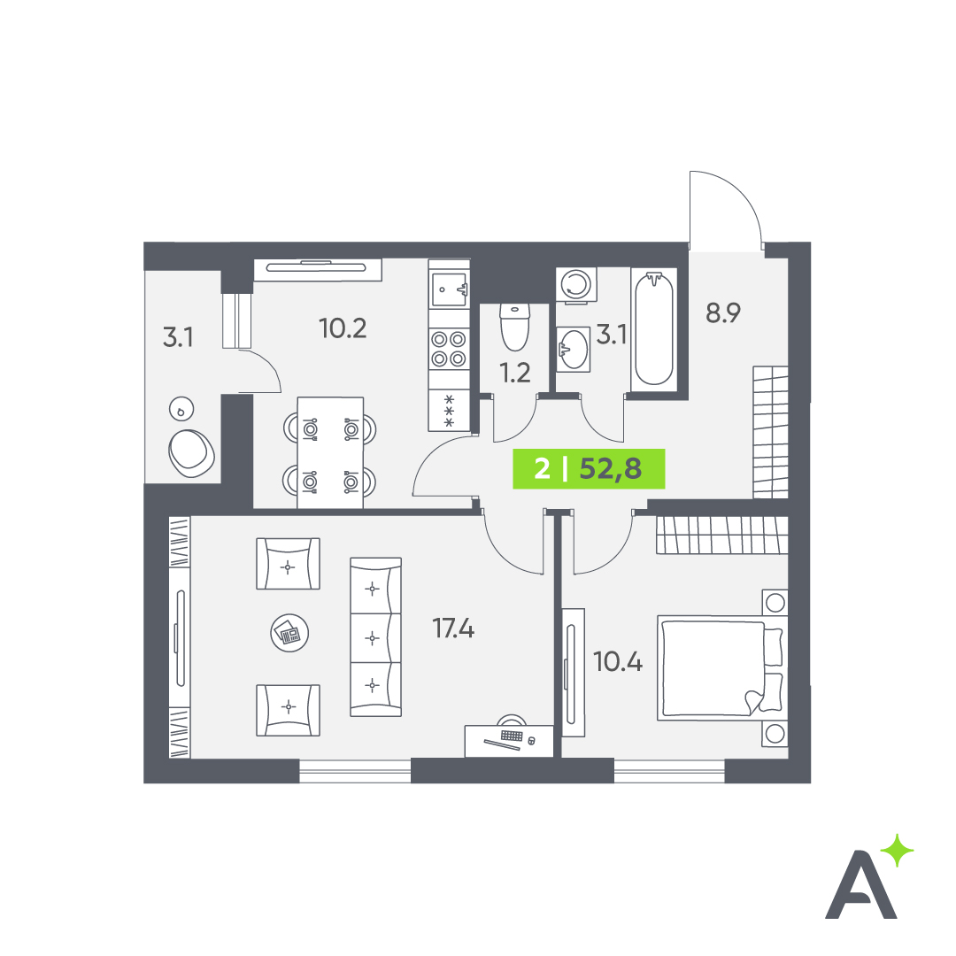 Планировка: 2-комнатная квартира, 52,8 м²