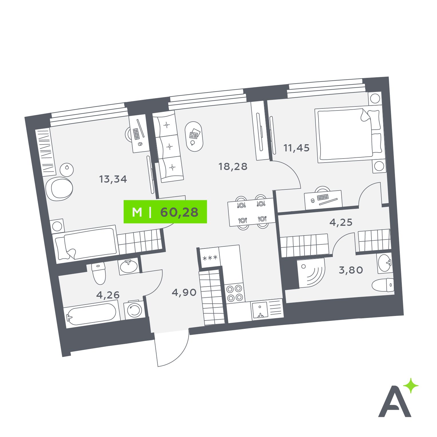 Планировка: 3-комнатная квартира, 60,3 м²