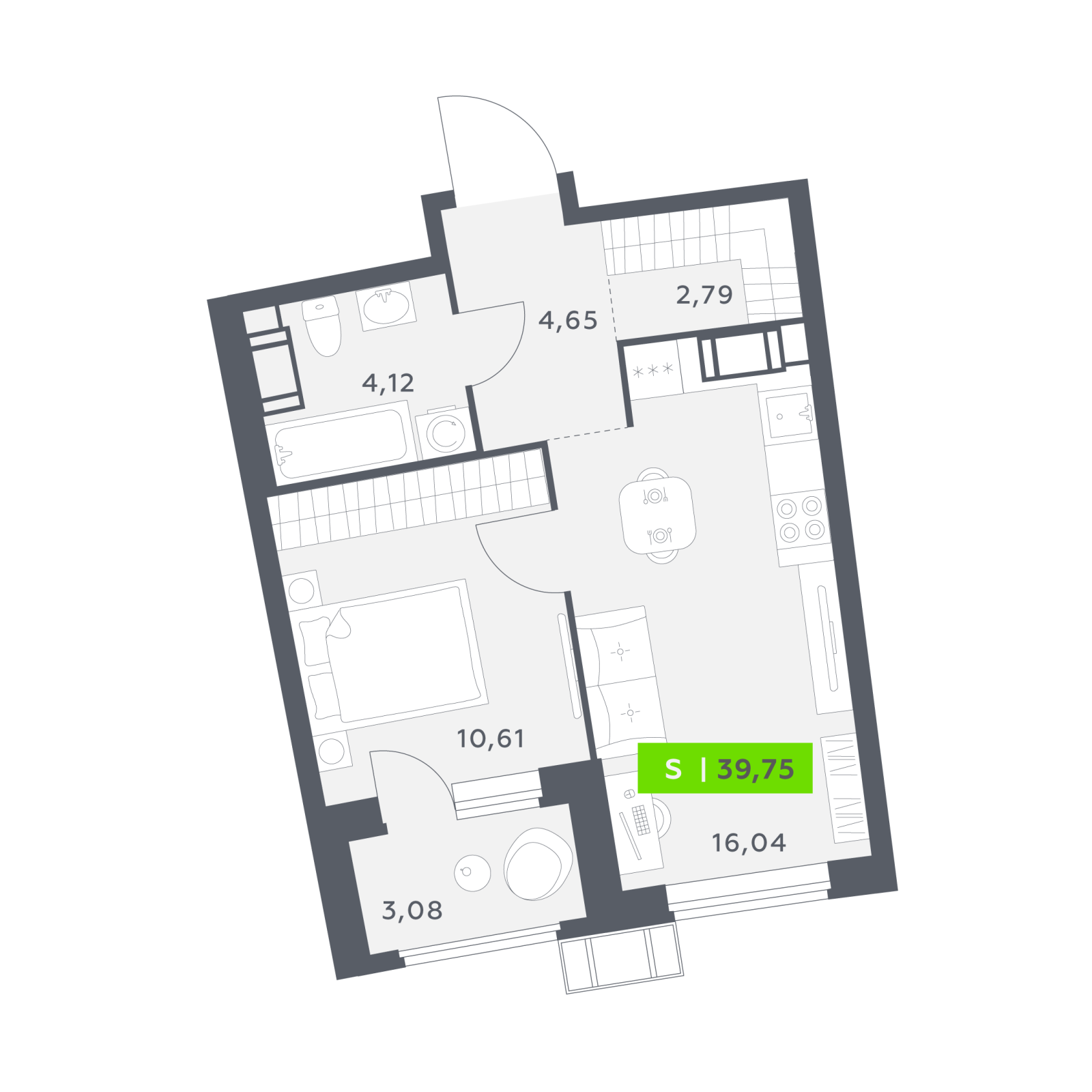 Планировка: 2-комнатная квартира, 39,8 м²