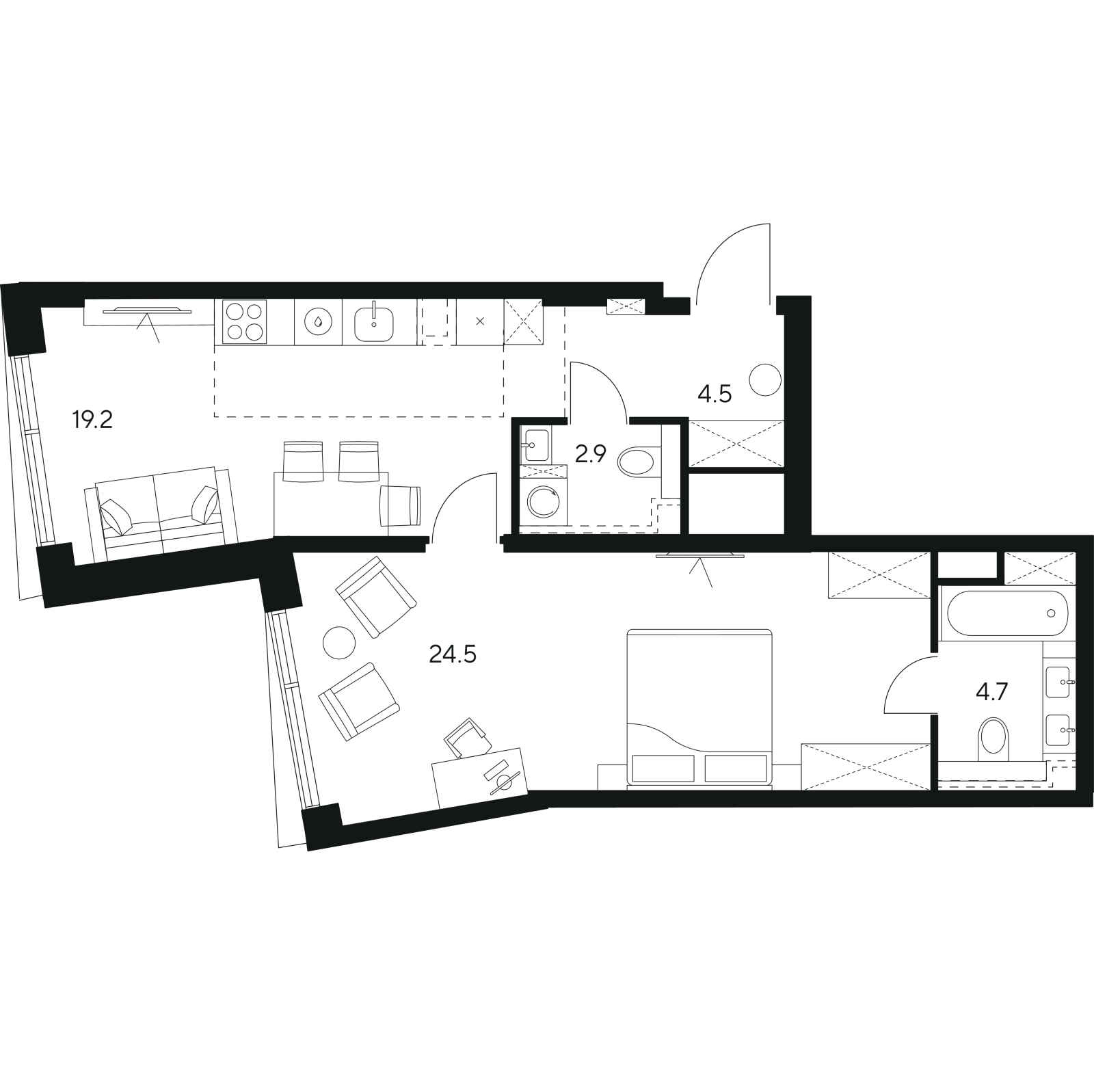 Планировка: 2-комнатная квартира, 55,8 м²