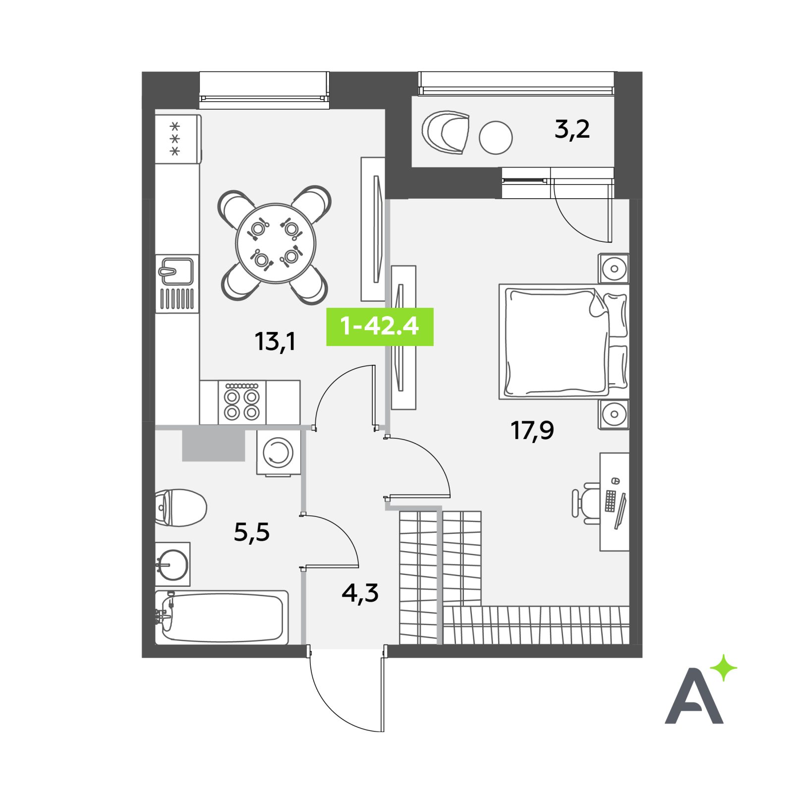 Планировка: 1-комнатная квартира, 42,4 м²