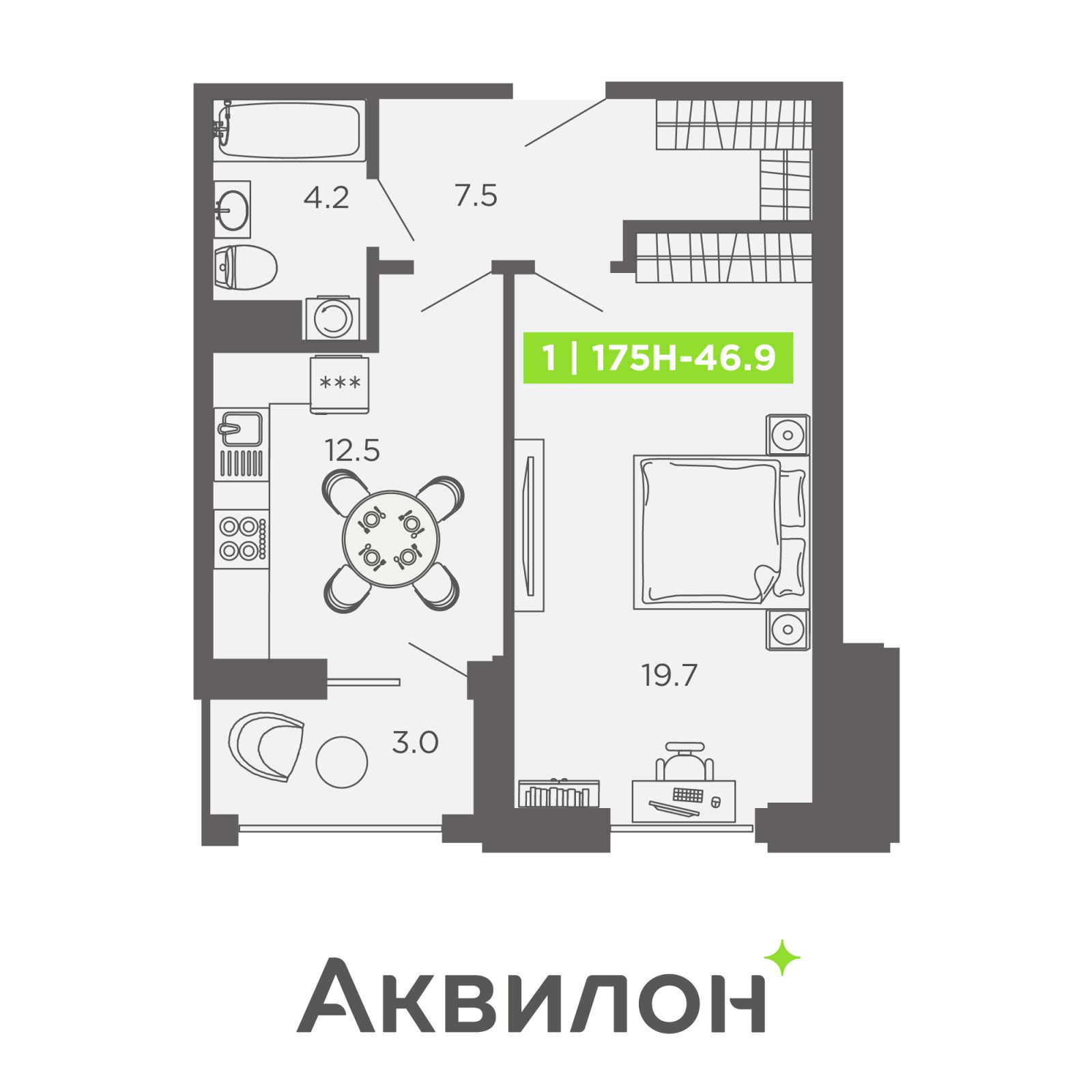 Планировка: 1-комнатная квартира, 46,9 м²