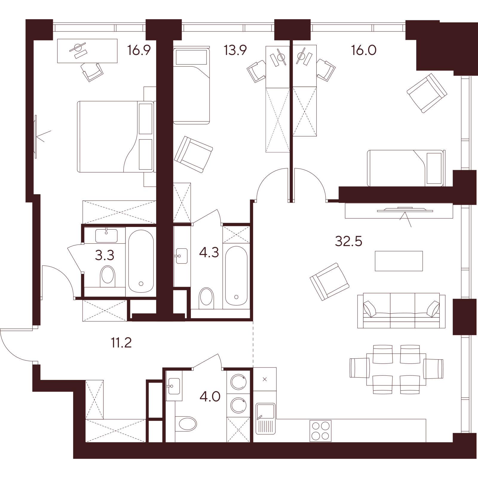 Планировка: 4-комнатная квартира, 102,1 м²