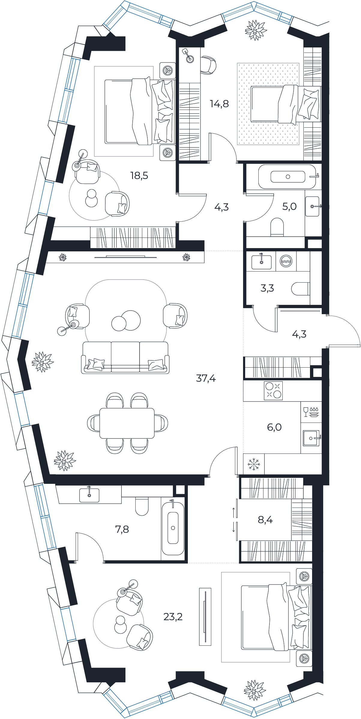 Планировка: 3-комнатная квартира, 133,0 м²