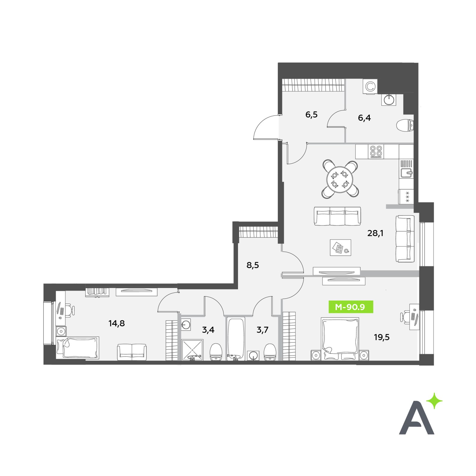 Планировка: 3-комнатная квартира, 90,9 м²