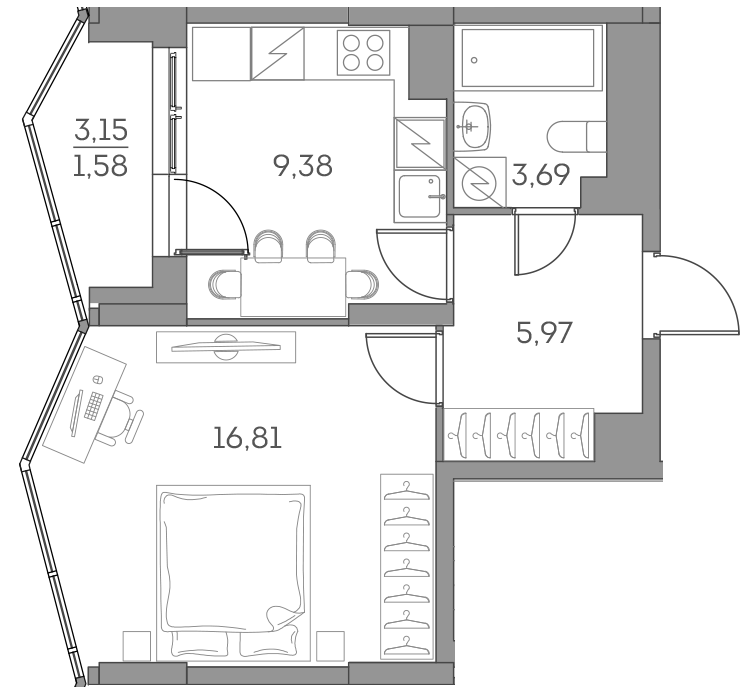 Планировка: 1-комнатная квартира, 37,4 м²