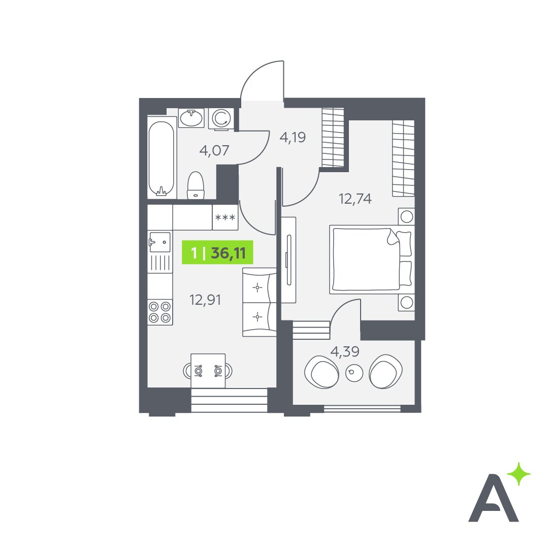 Планировка: 1-комнатная квартира, 36,1 м²