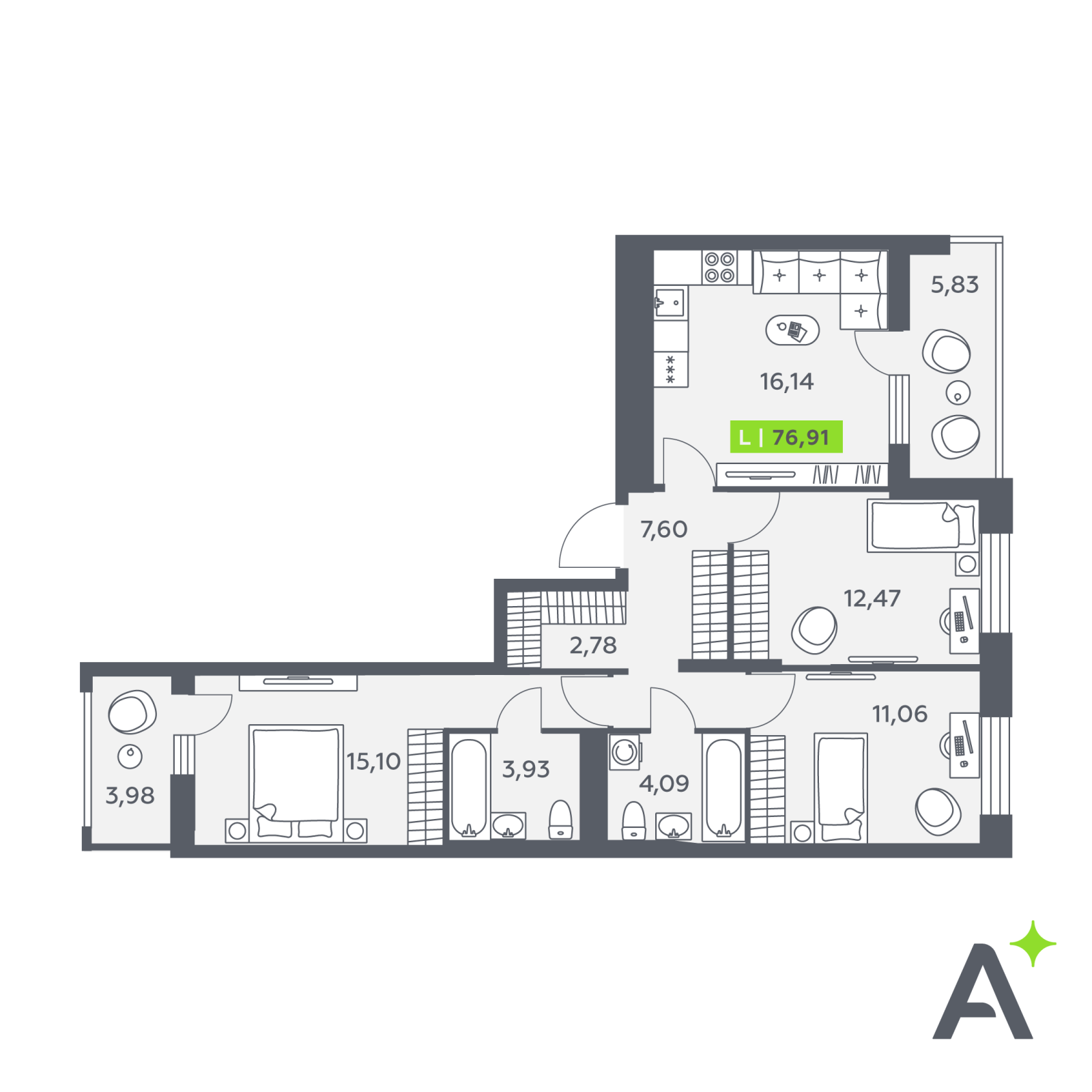 Планировка: 4-комнатная квартира, 76,9 м²