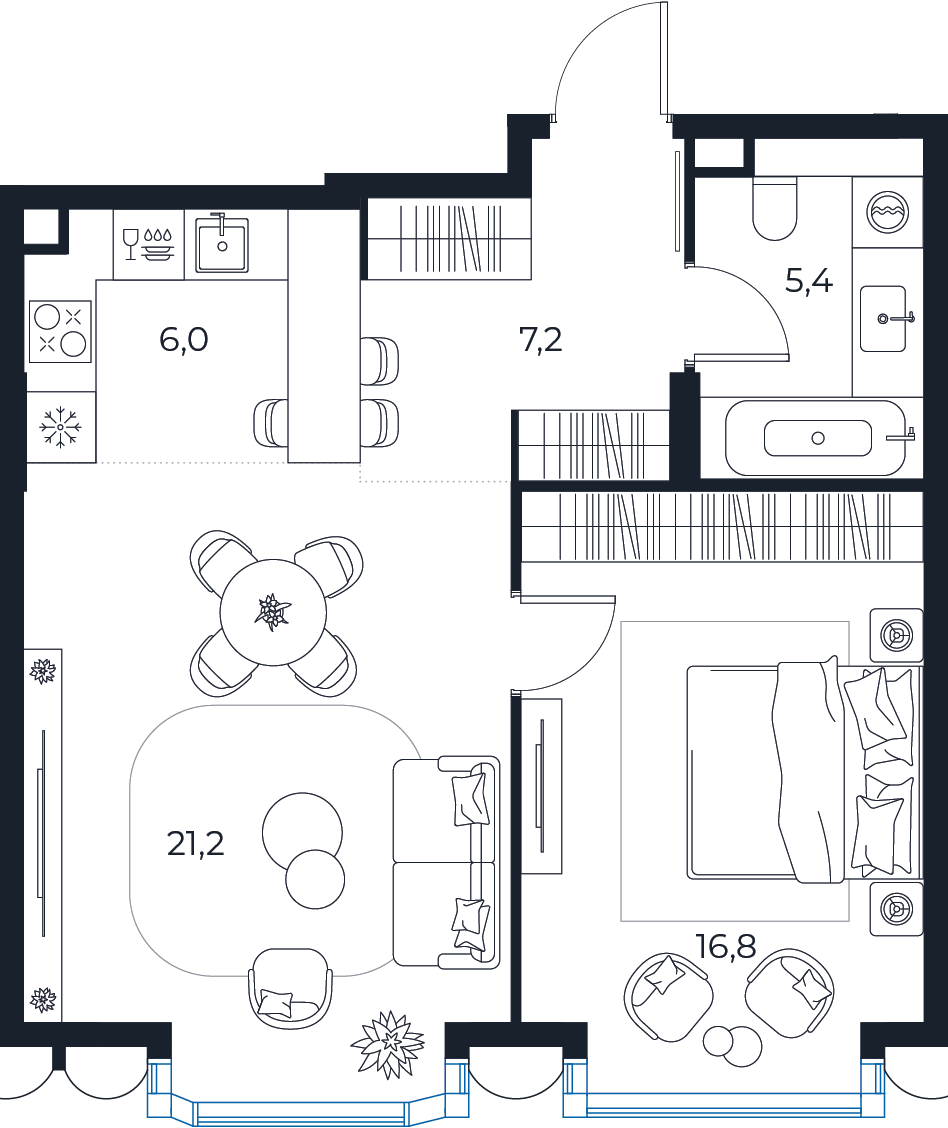 Планировка: 1-комнатная квартира, 56,2 м²