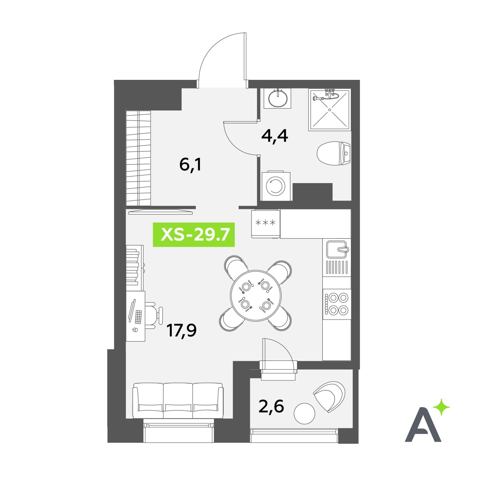 Планировка: студия, 29,7 м²