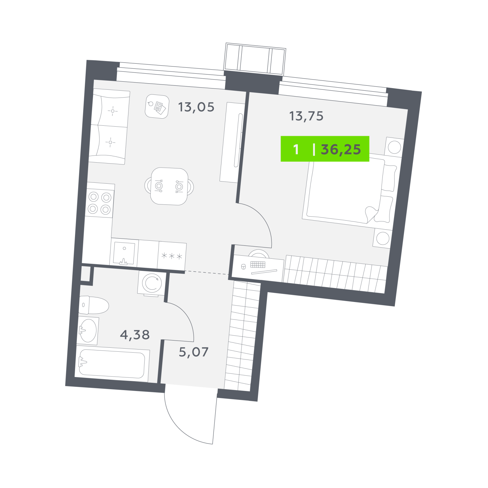 Планировка: 1-комнатная квартира, 36,3 м²